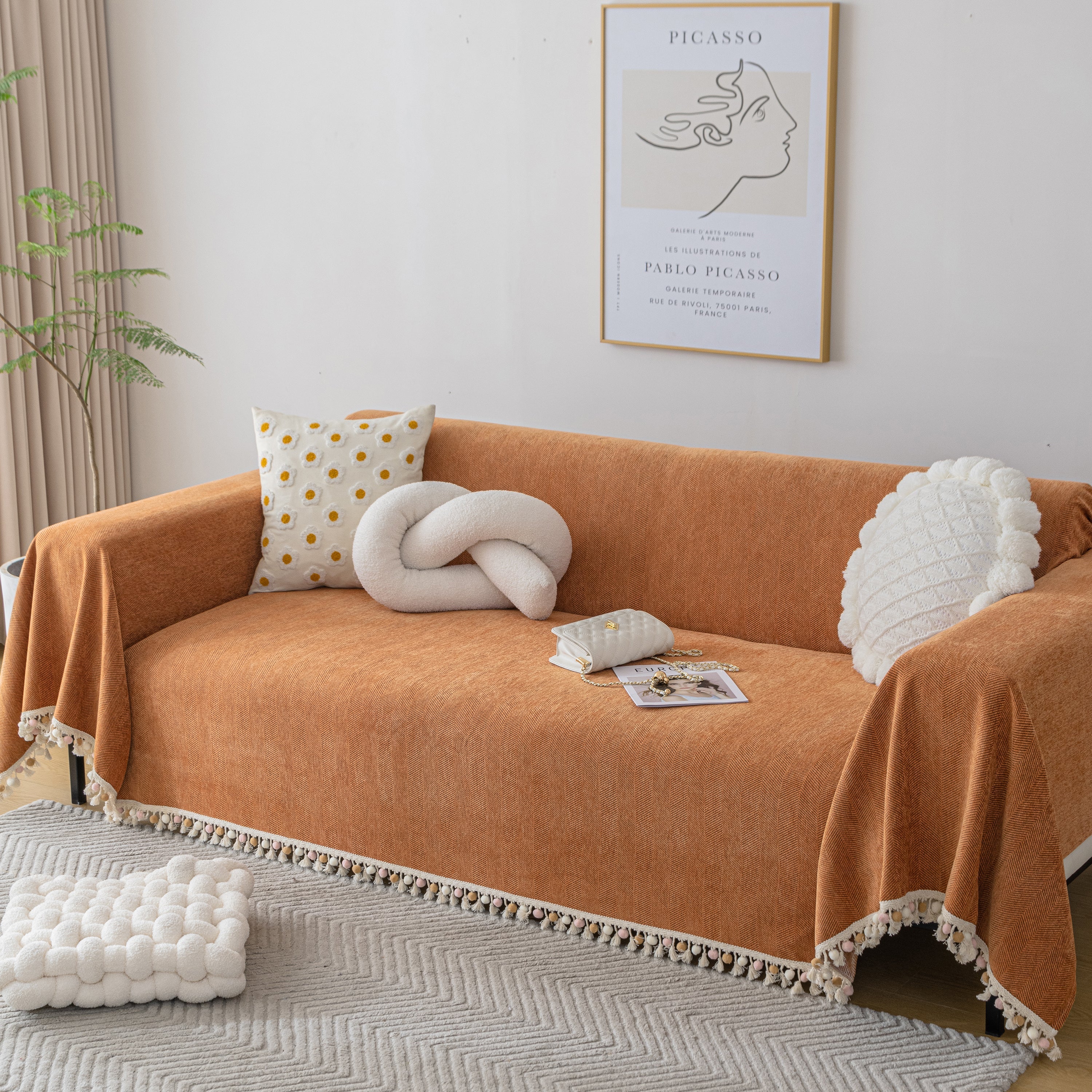 Couch Cover Sectional L Shape Chenille Herringbone Couch Throw Cover with Tassel Pom-Poms for Pets