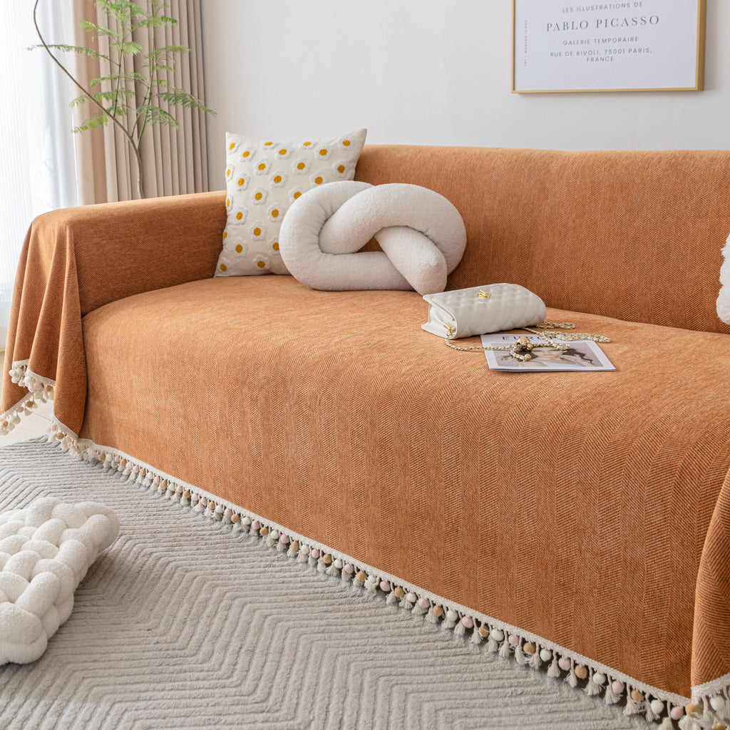 Couch Cover Sectional L Shape Chenille Herringbone Couch Throw Cover with Tassel Pom-Poms for Pets