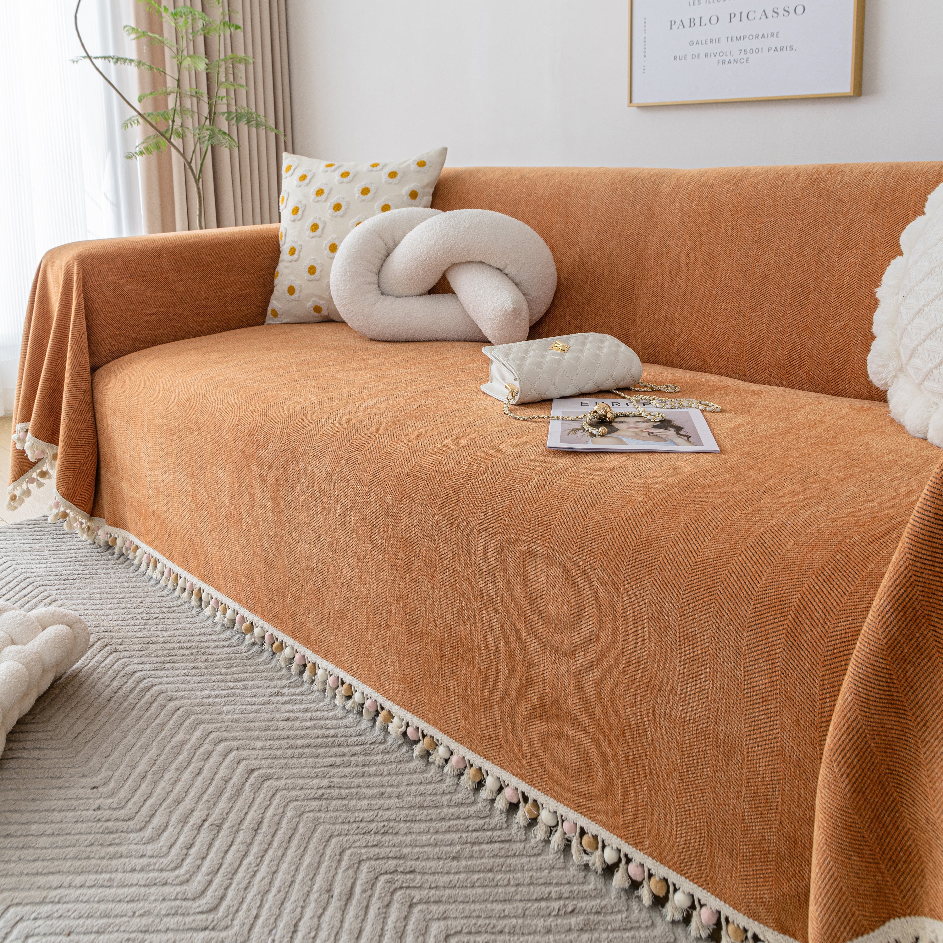 Couch Cover Sectional L Shape Chenille Herringbone Couch Throw Cover with Tassel Pom-Poms for Pets