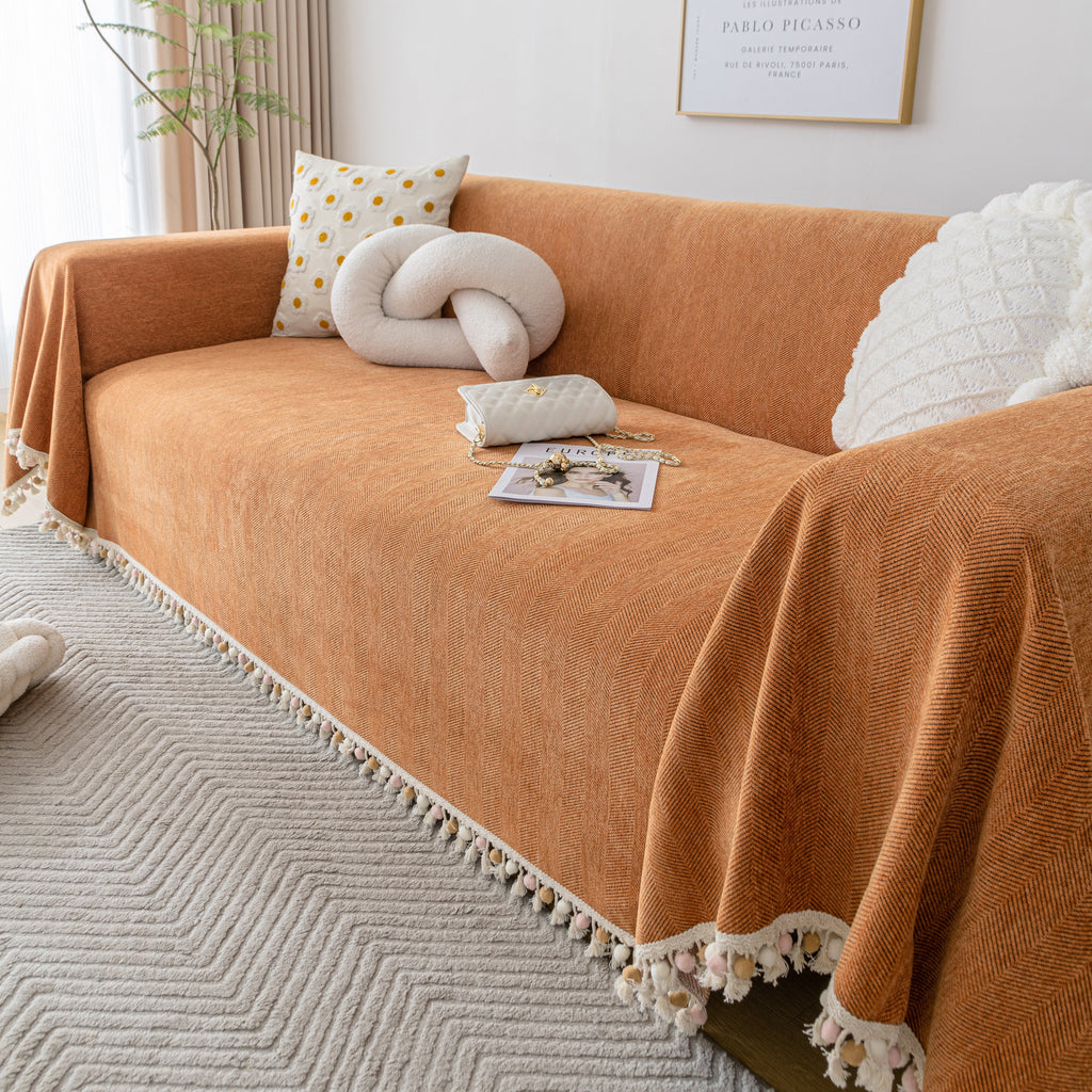 Couch Cover Sectional L Shape Chenille Herringbone Couch Throw Cover with Tassel Pom-Poms for Pets