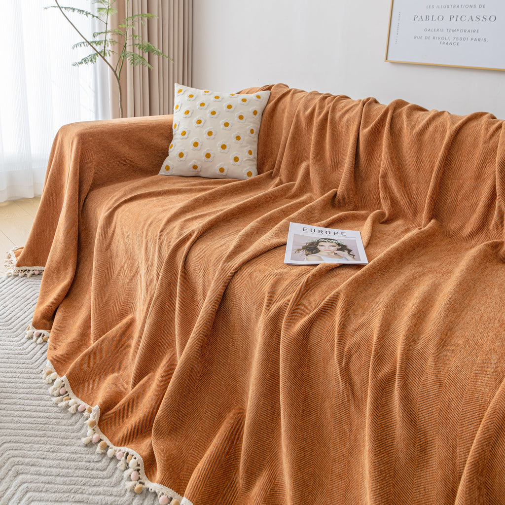 Couch Cover Sectional L Shape Chenille Herringbone Couch Throw Cover with Tassel Pom-Poms for Pets