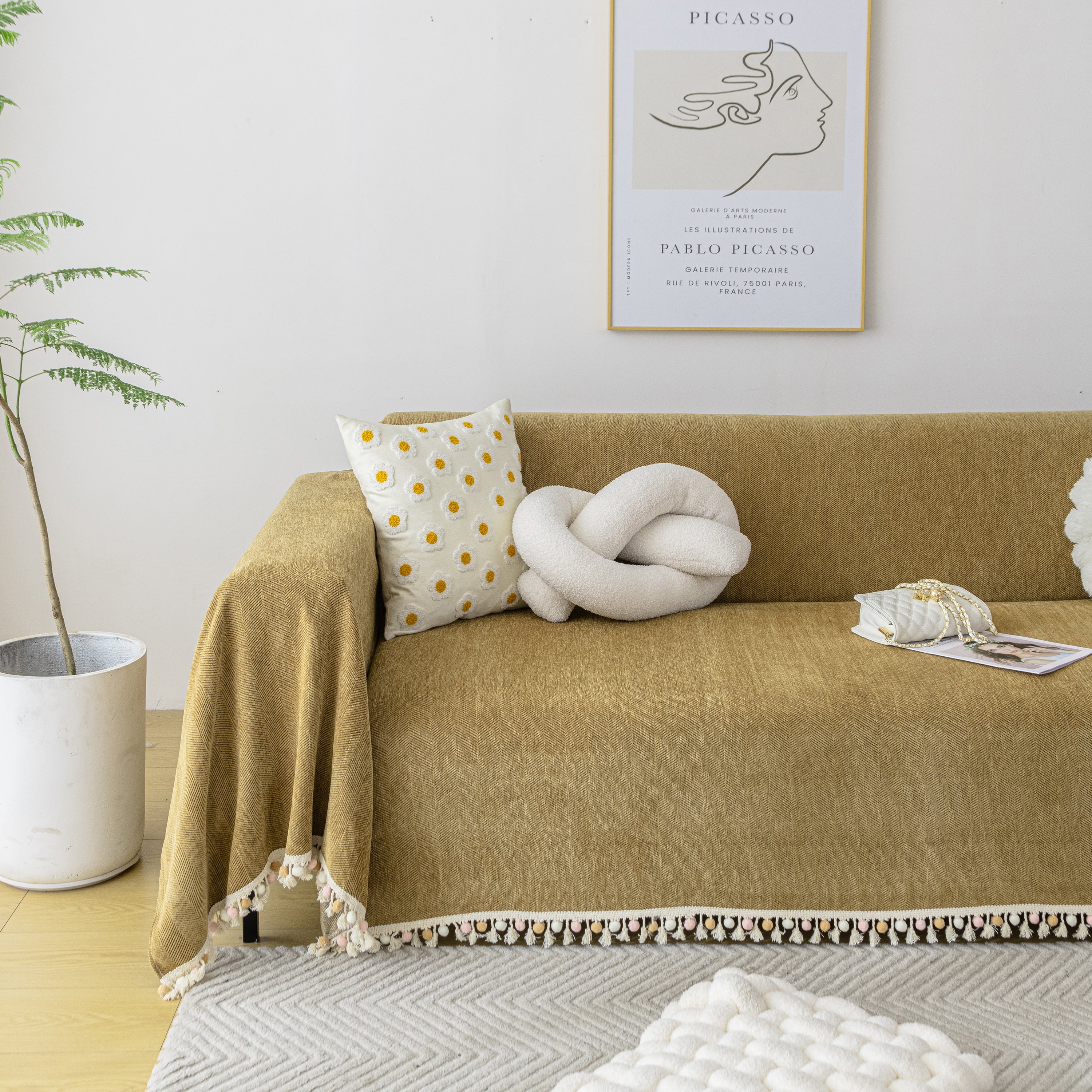 Couch Cover Sectional L Shape Chenille Herringbone Couch Throw Cover with Tassel Pom-Poms for Pets