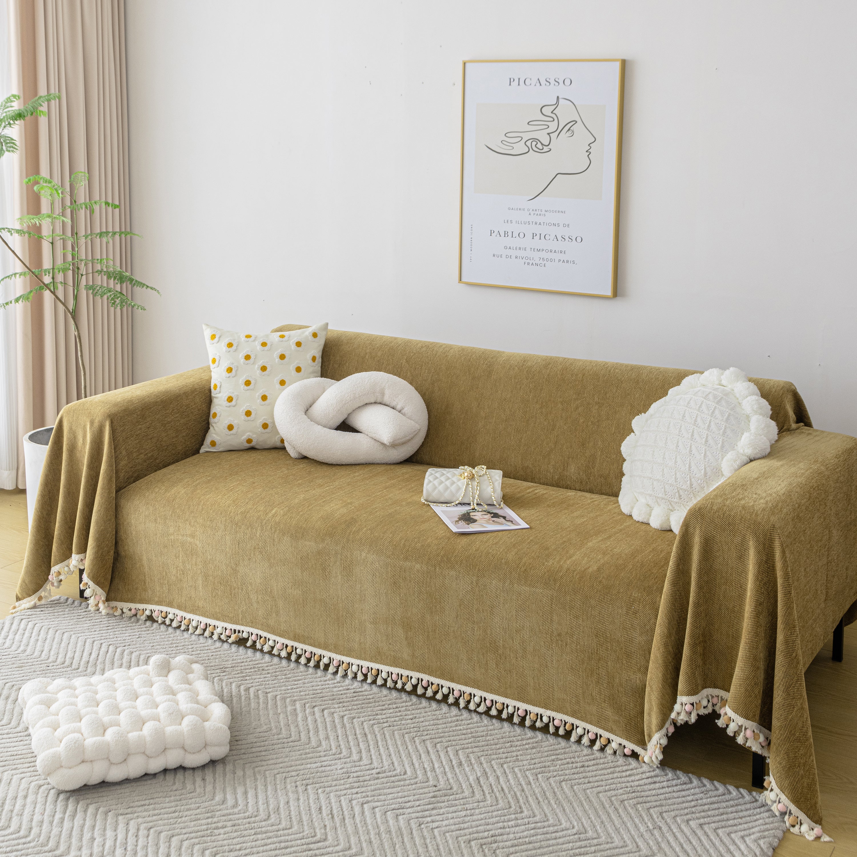 Couch Cover Sectional L Shape Chenille Herringbone Couch Throw Cover with Tassel Pom-Poms for Pets