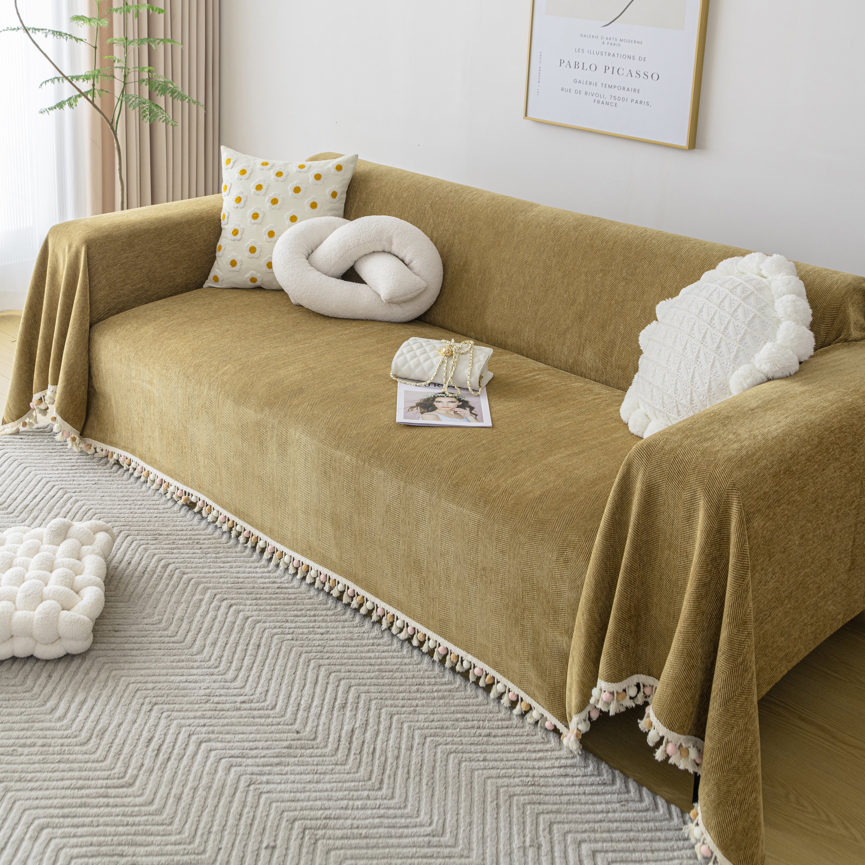 Couch Cover Sectional L Shape Chenille Herringbone Couch Throw Cover with Tassel Pom-Poms for Pets