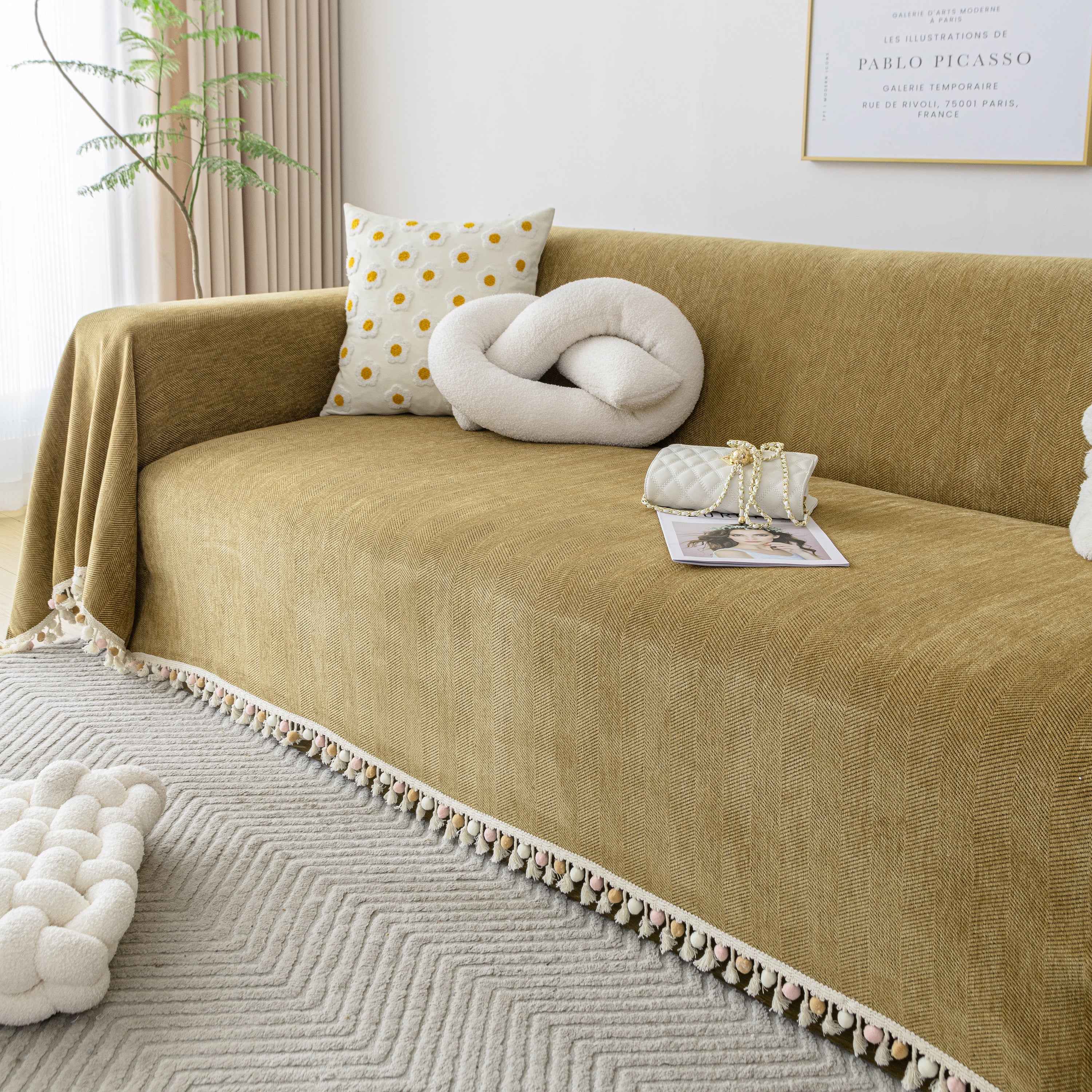 Couch Cover Sectional L Shape Chenille Herringbone Couch Throw Cover with Tassel Pom-Poms for Pets