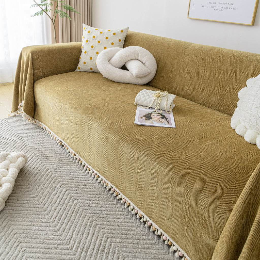 Couch Cover Sectional L Shape Chenille Herringbone Couch Throw Cover with Tassel Pom-Poms for Pets