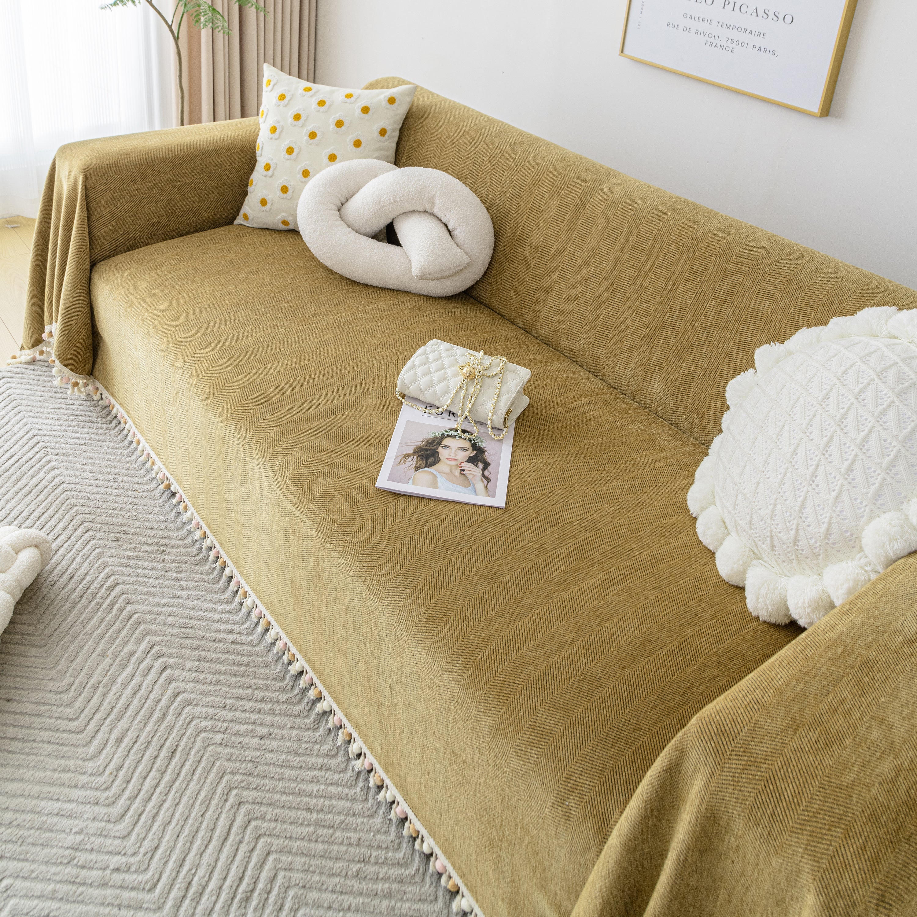 Couch Cover Sectional L Shape Chenille Herringbone Couch Throw Cover with Tassel Pom-Poms for Pets