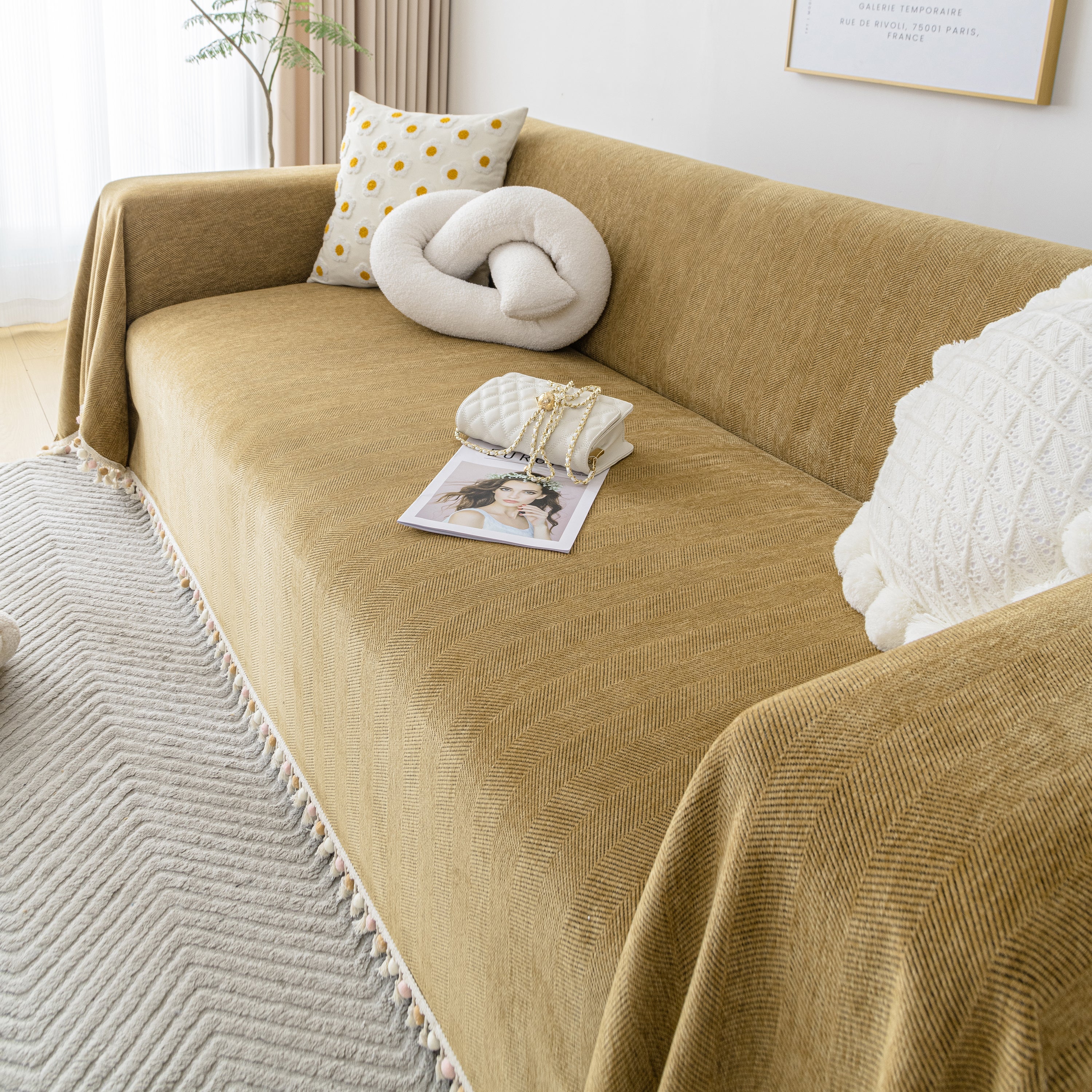 Couch Cover Sectional L Shape Chenille Herringbone Couch Throw Cover with Tassel Pom-Poms for Pets