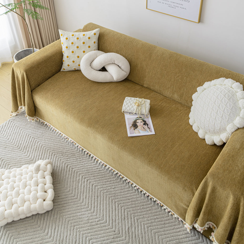 Couch Cover Sectional L Shape Chenille Herringbone Couch Throw Cover with Tassel Pom-Poms for Pets