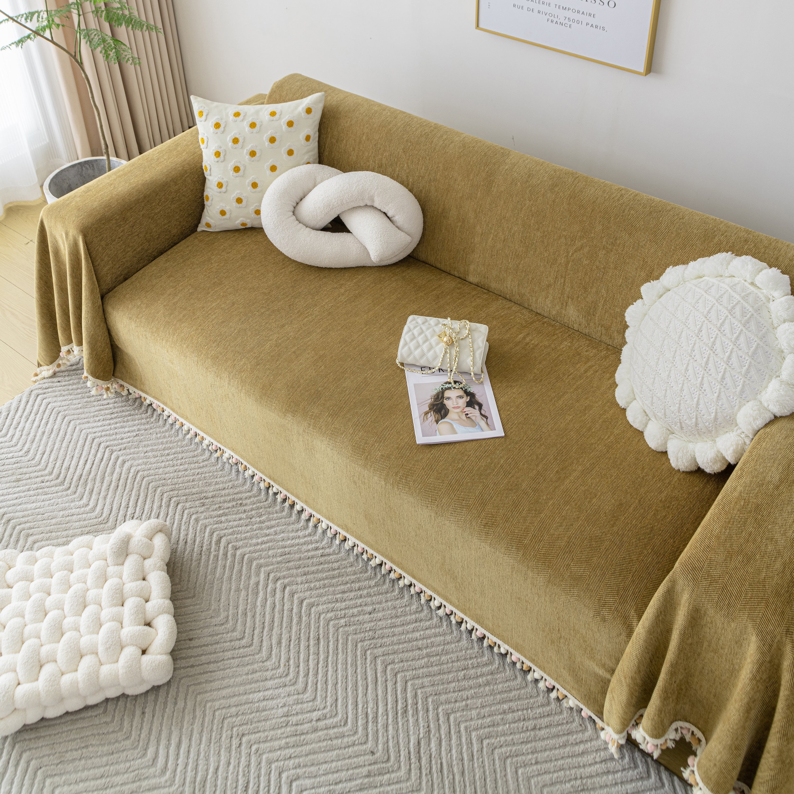 Couch Cover Sectional L Shape Chenille Herringbone Couch Throw Cover with Tassel Pom-Poms for Pets