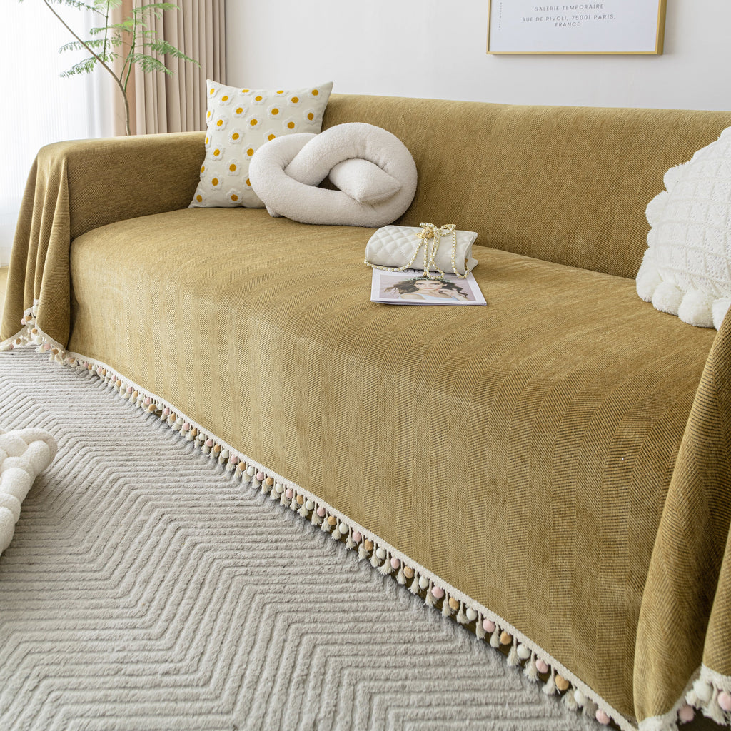 Couch Cover Sectional L Shape Chenille Herringbone Couch Throw Cover with Tassel Pom-Poms for Pets