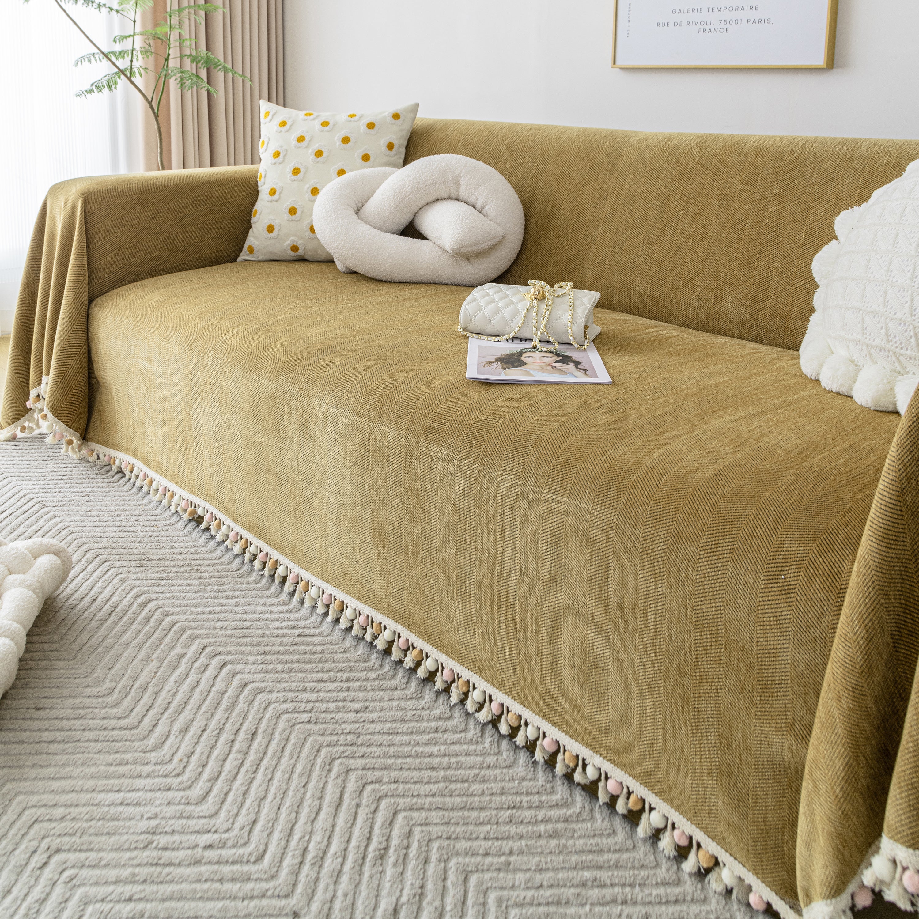 Couch Cover Sectional L Shape Chenille Herringbone Couch Throw Cover with Tassel Pom-Poms for Pets