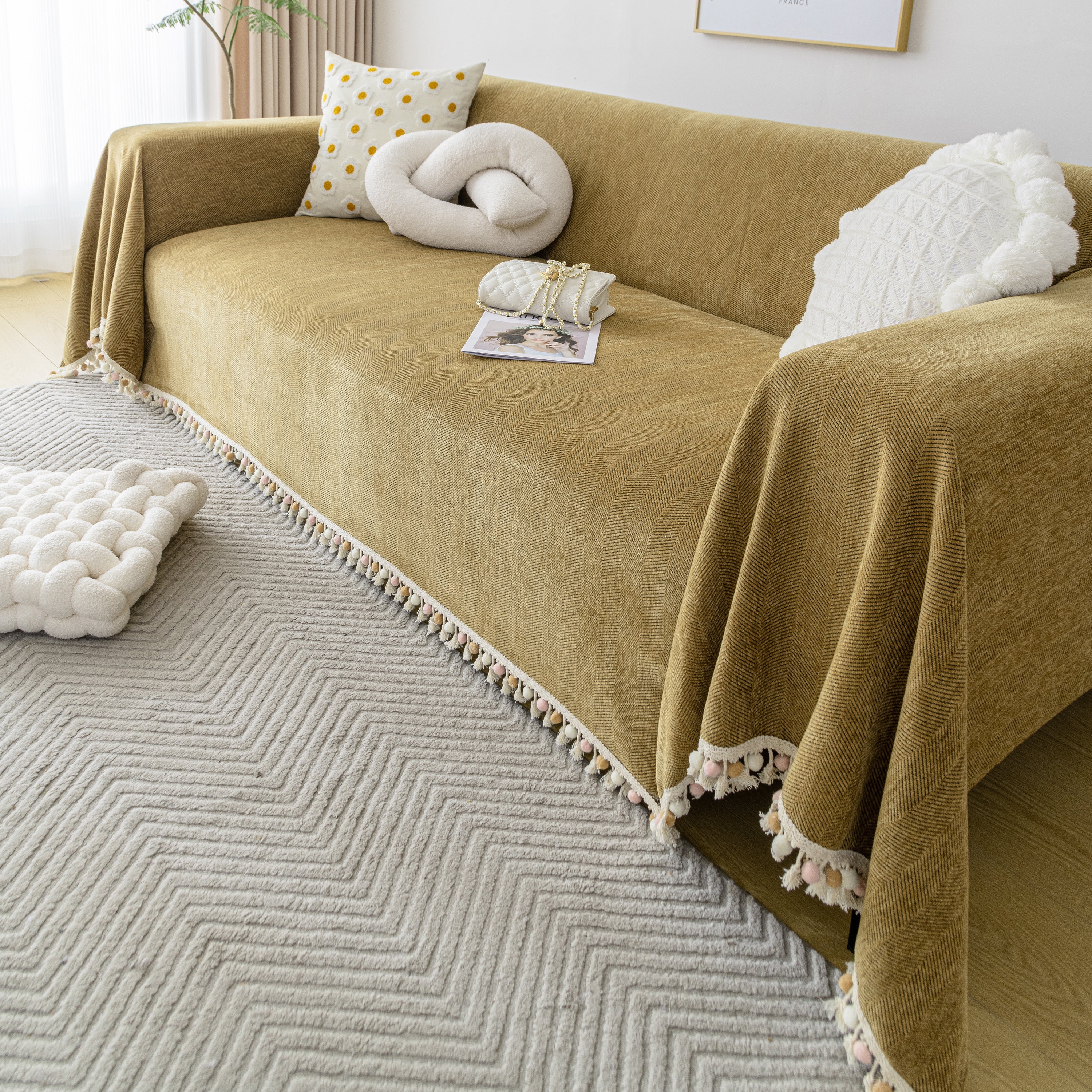 Couch Cover Sectional L Shape Chenille Herringbone Couch Throw Cover with Tassel Pom-Poms for Pets