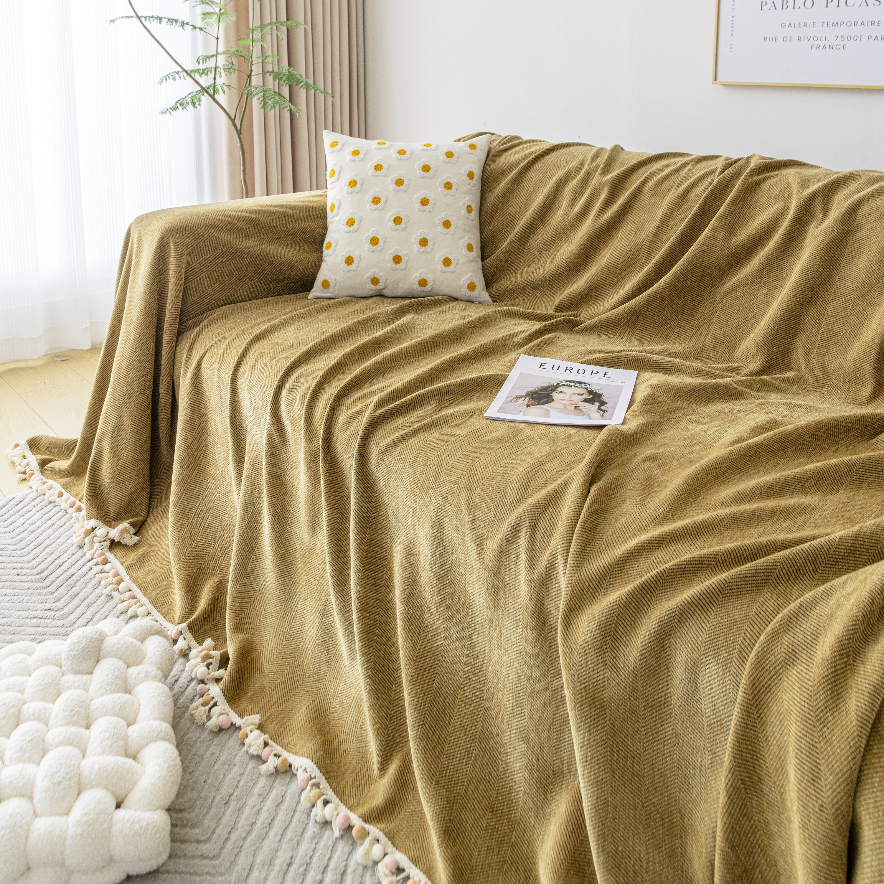 Couch Cover Sectional L Shape Chenille Herringbone Couch Throw Cover with Tassel Pom-Poms for Pets