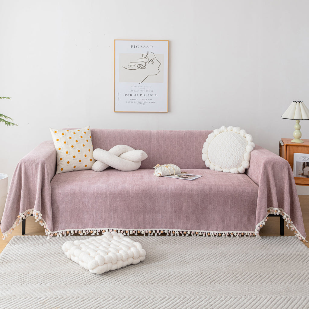 Couch Cover Sectional L Shape Chenille Herringbone Couch Throw Cover with Tassel Pom-Poms for Pets