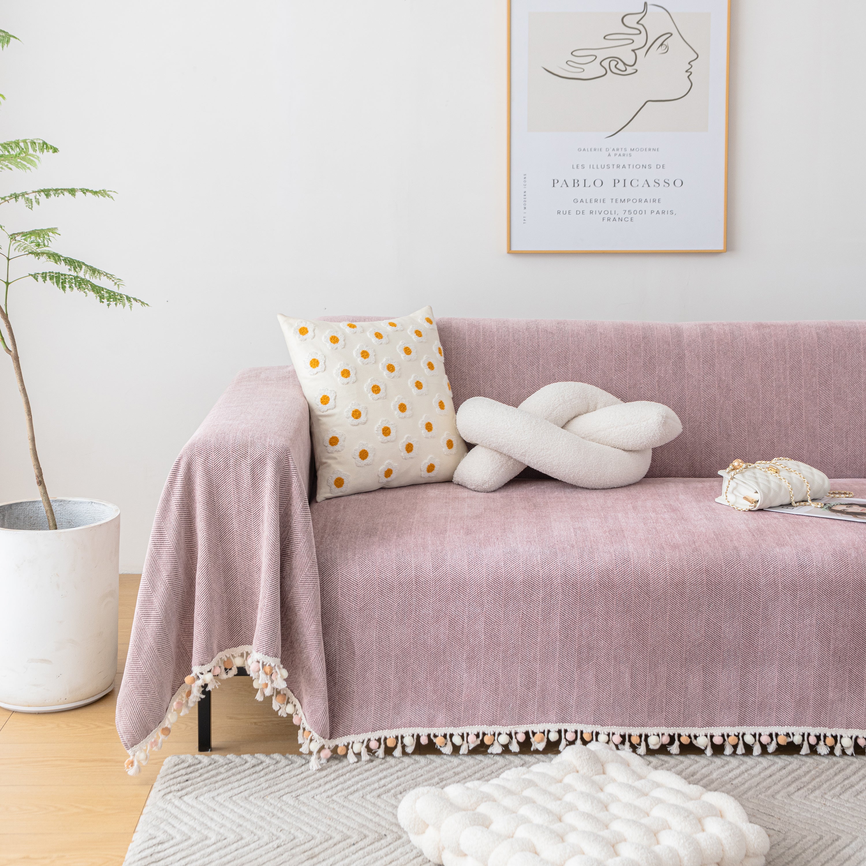 Couch Cover Sectional L Shape Chenille Herringbone Couch Throw Cover with Tassel Pom-Poms for Pets