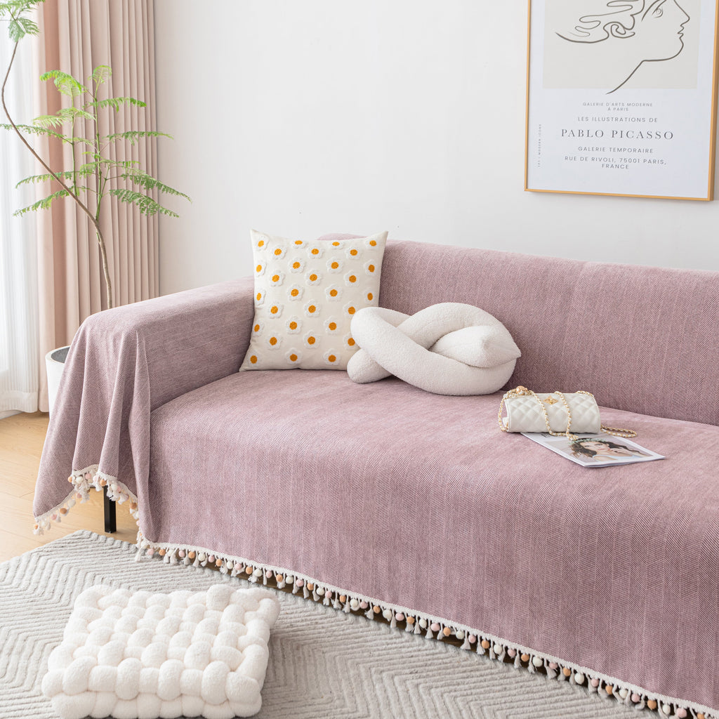 Couch Cover Sectional L Shape Chenille Herringbone Couch Throw Cover with Tassel Pom-Poms for Pets