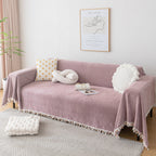 Couch Cover Sectional L Shape Chenille Herringbone Couch Throw Cover with Tassel Pom-Poms for Pets