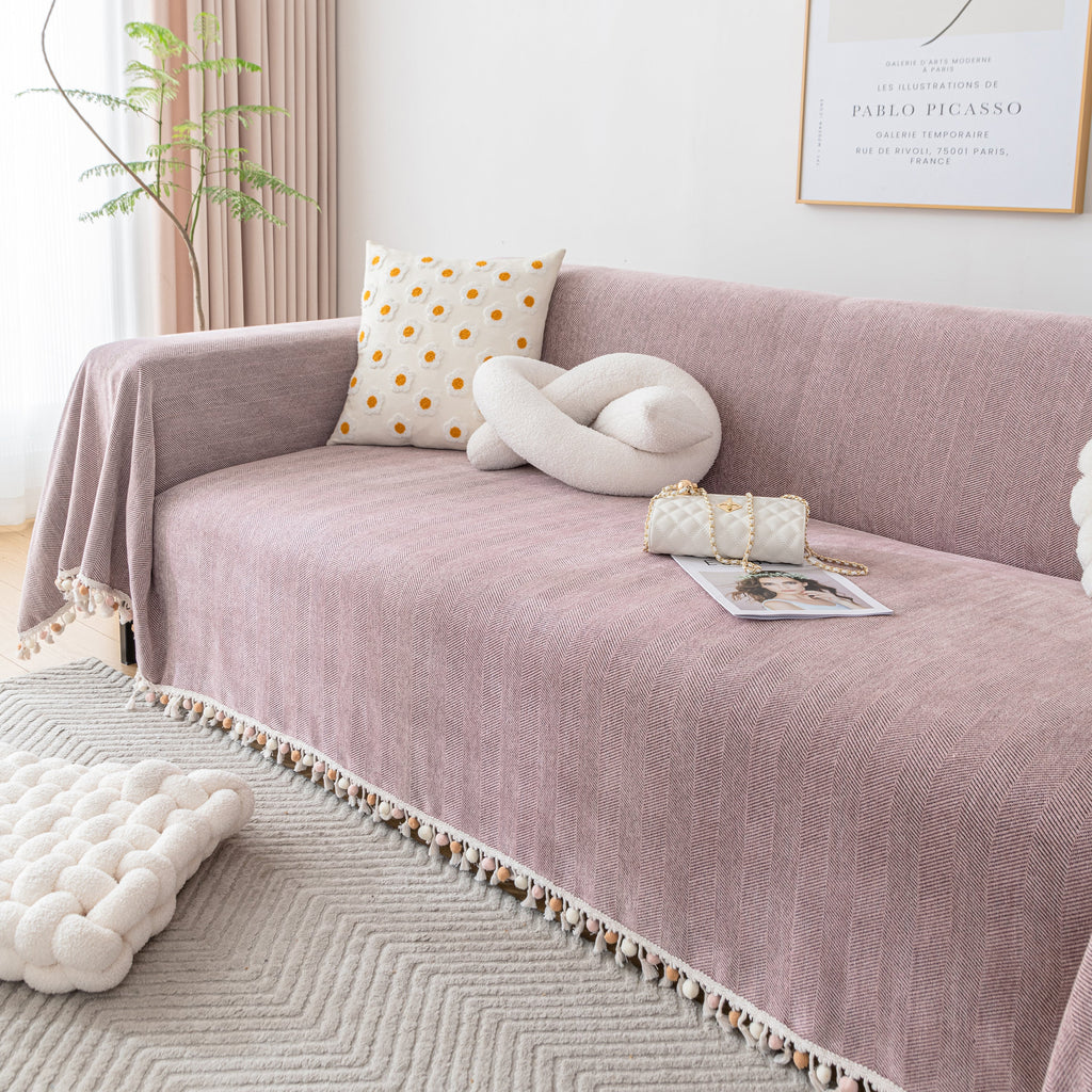 Couch Cover Sectional L Shape Chenille Herringbone Couch Throw Cover with Tassel Pom-Poms for Pets