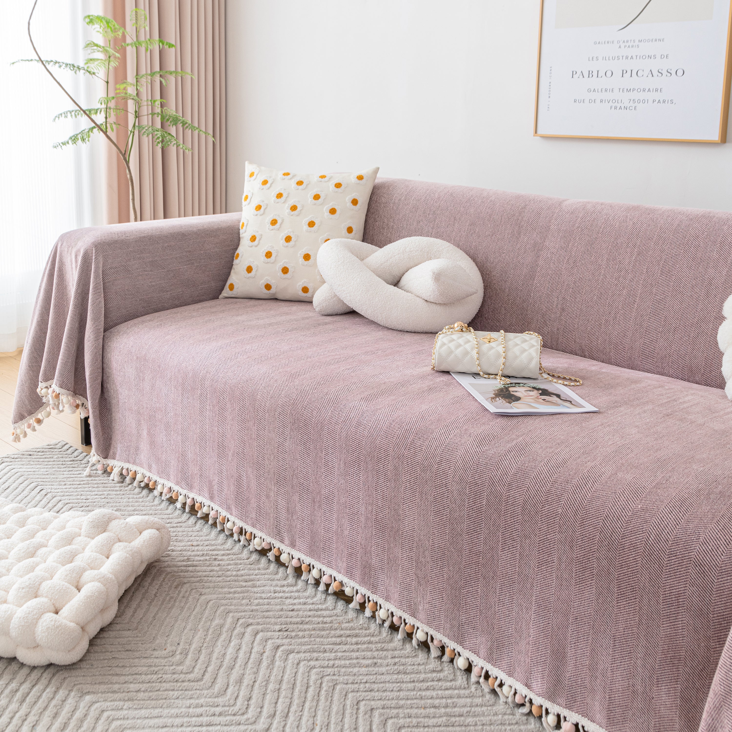 Couch Cover Sectional L Shape Chenille Herringbone Couch Throw Cover with Tassel Pom-Poms for Pets