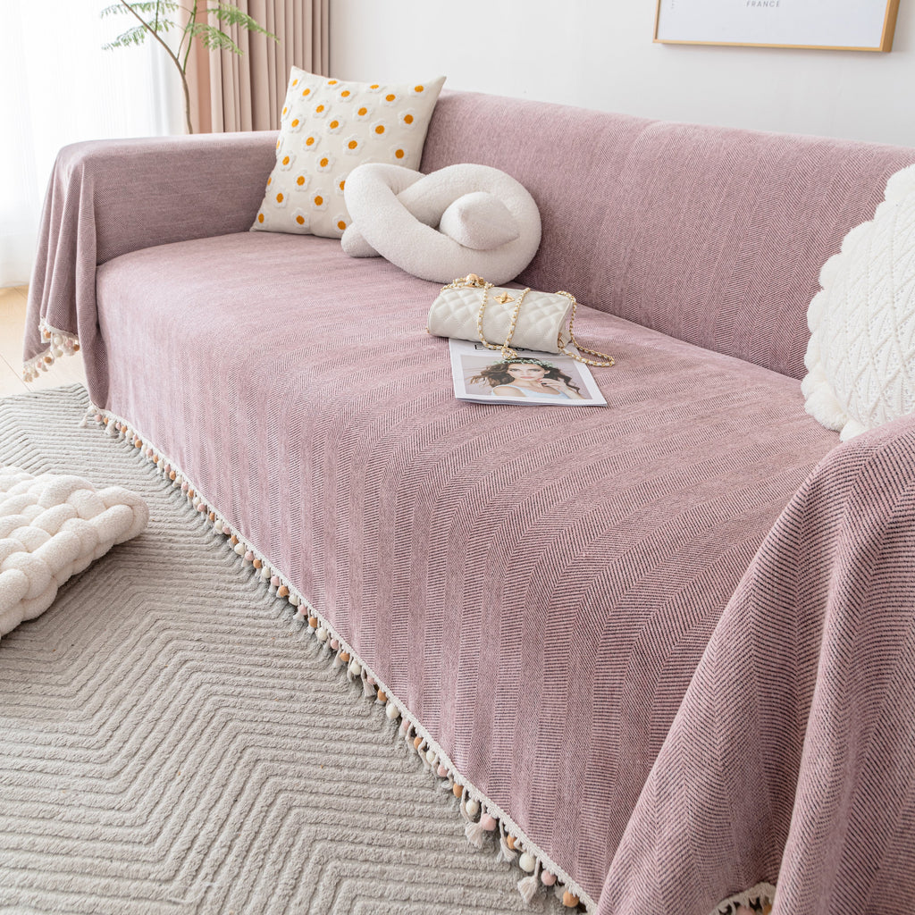 Couch Cover Sectional L Shape Chenille Herringbone Couch Throw Cover with Tassel Pom-Poms for Pets