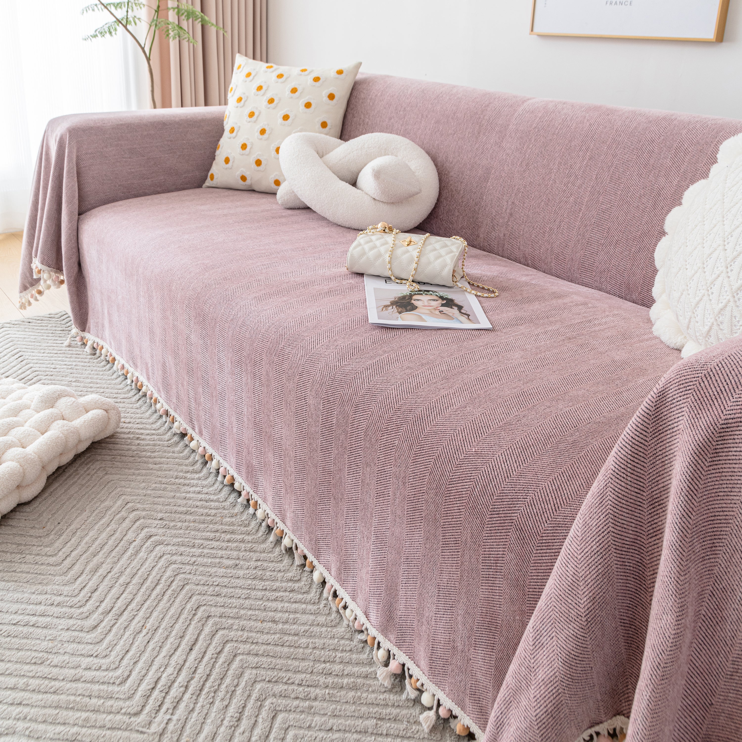 Couch Cover Sectional L Shape Chenille Herringbone Couch Throw Cover with Tassel Pom-Poms for Pets