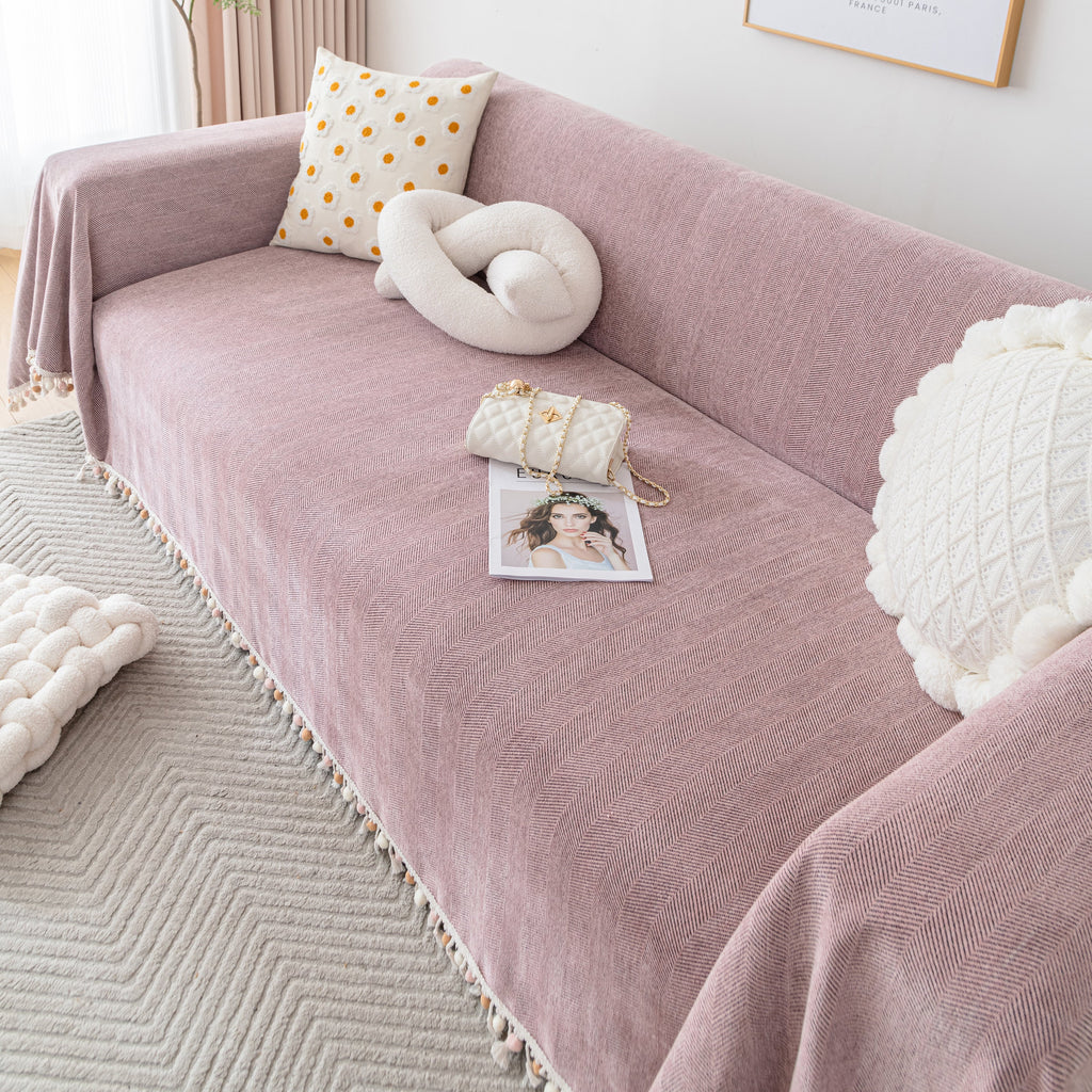 Couch Cover Sectional L Shape Chenille Herringbone Couch Throw Cover with Tassel Pom-Poms for Pets