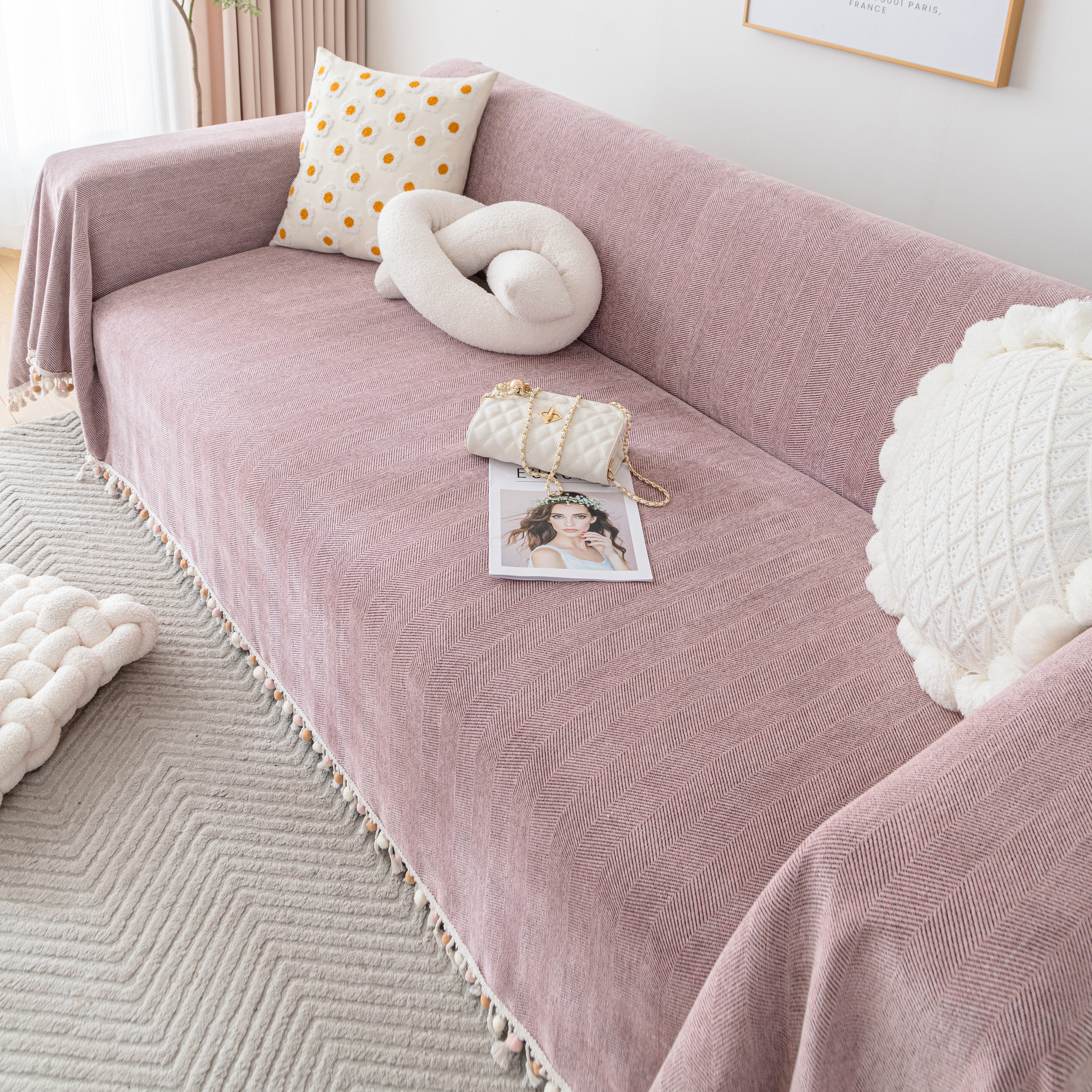 Couch Cover Sectional L Shape Chenille Herringbone Couch Throw Cover with Tassel Pom-Poms for Pets