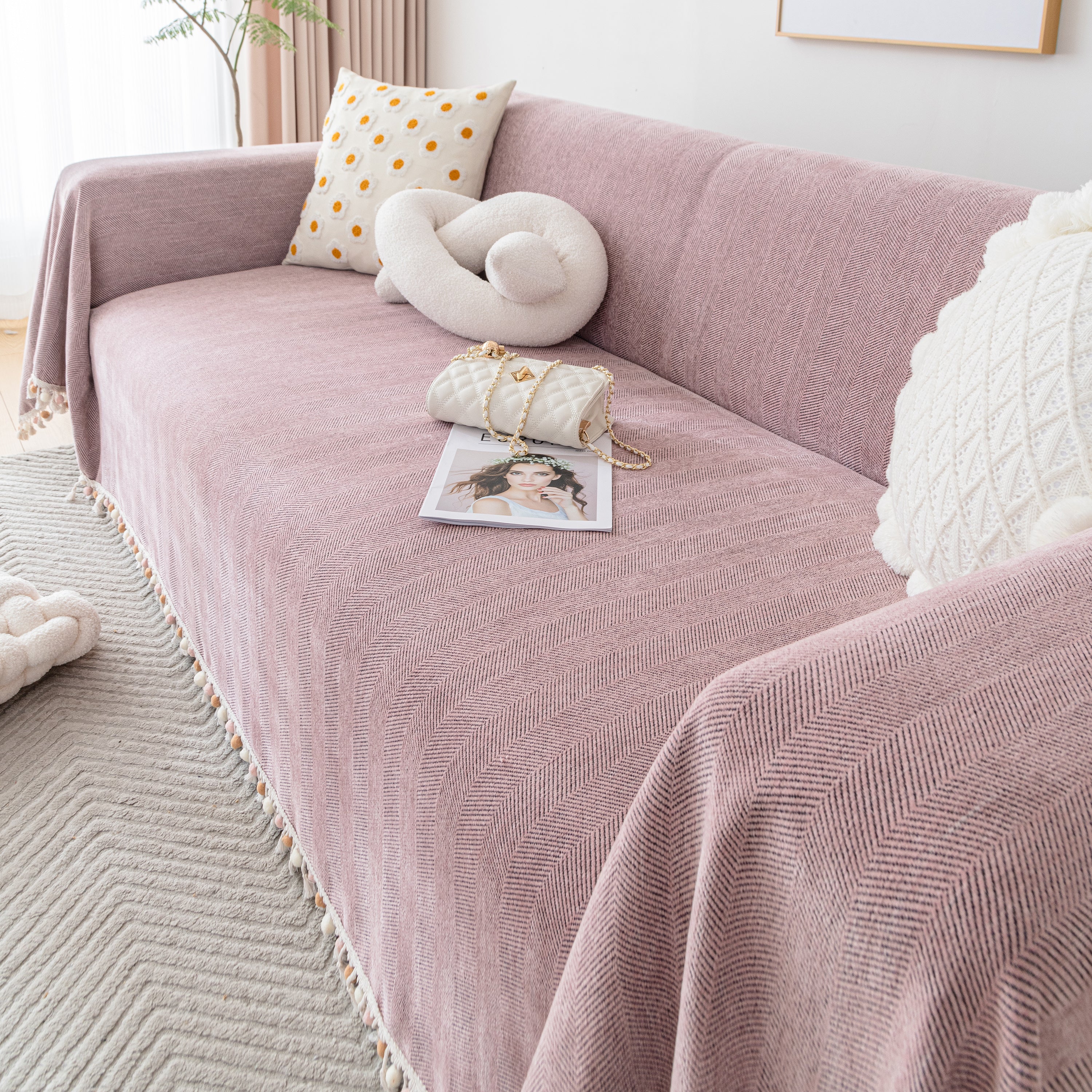 Couch Cover Sectional L Shape Chenille Herringbone Couch Throw Cover with Tassel Pom-Poms for Pets