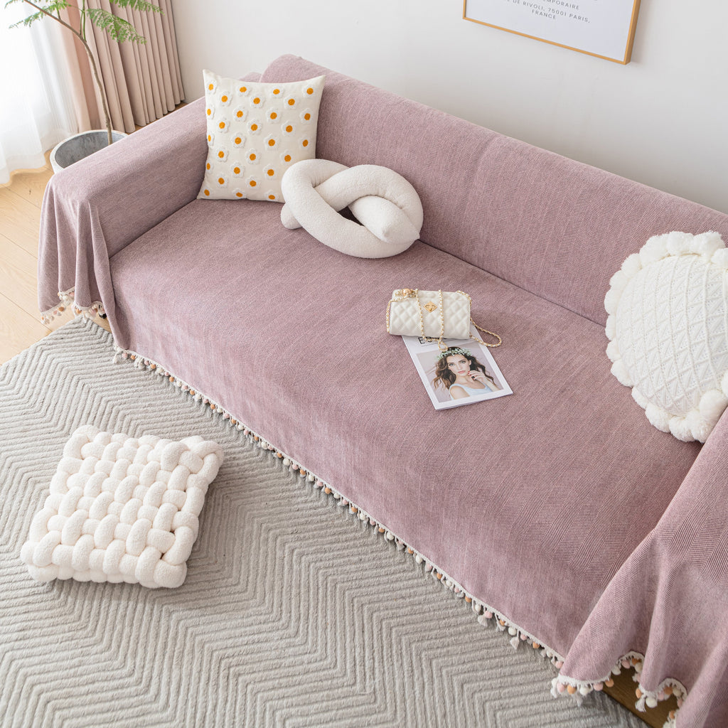 Couch Cover Sectional L Shape Chenille Herringbone Couch Throw Cover with Tassel Pom-Poms for Pets