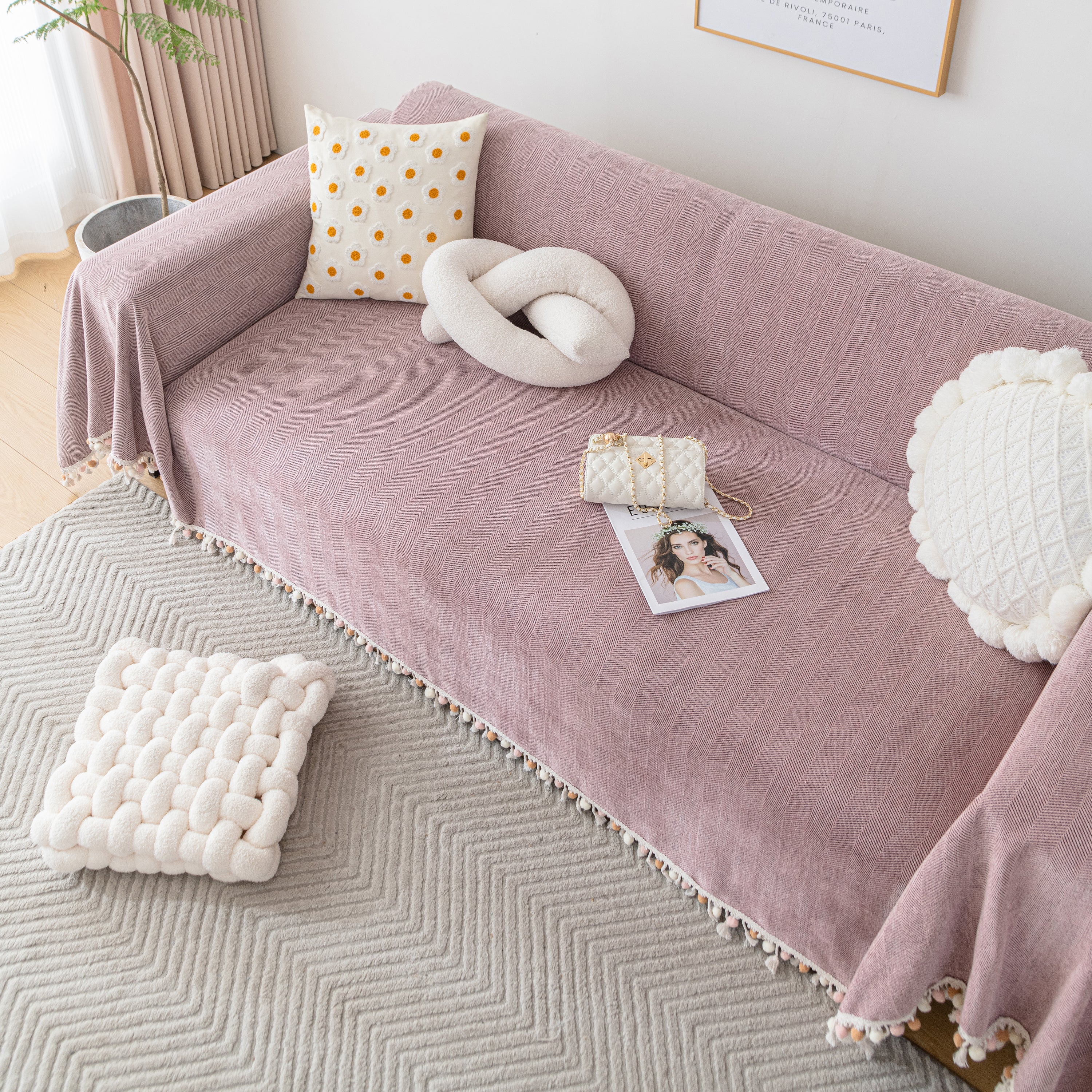 Couch Cover Sectional L Shape Chenille Herringbone Couch Throw Cover with Tassel Pom-Poms for Pets