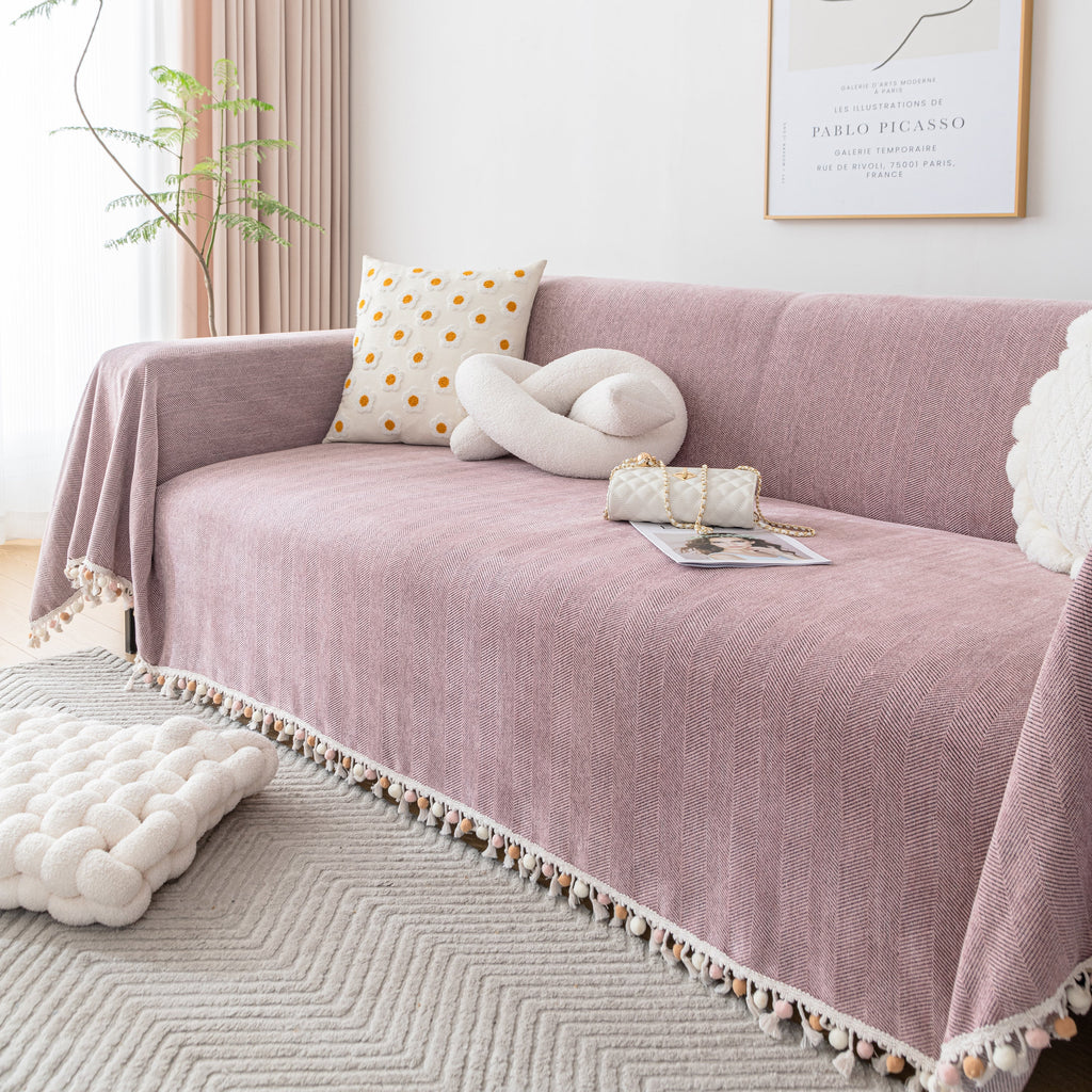 Couch Cover Sectional L Shape Chenille Herringbone Couch Throw Cover with Tassel Pom-Poms for Pets