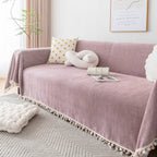 Couch Cover Sectional L Shape Chenille Herringbone Couch Throw Cover with Tassel Pom-Poms for Pets