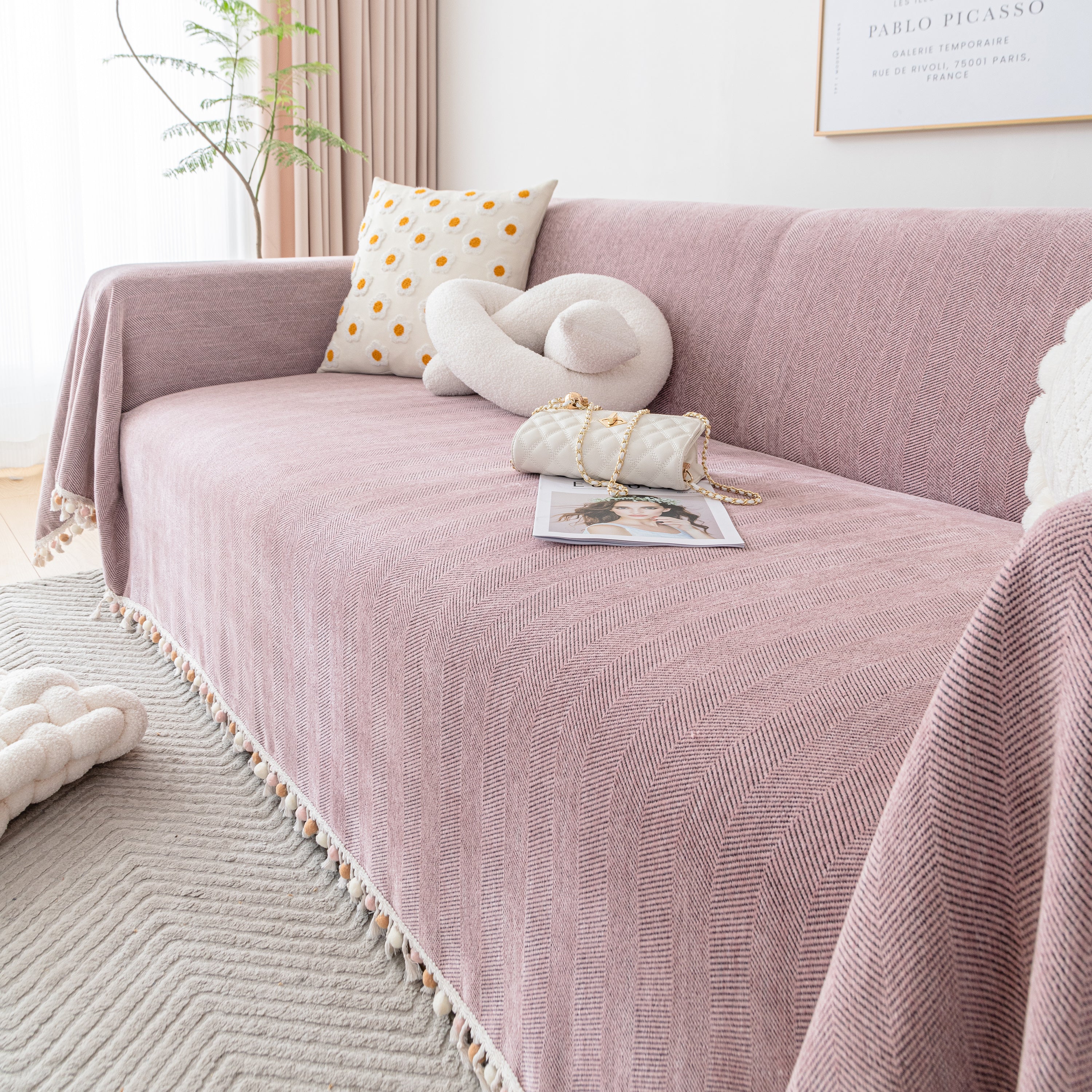 Couch Cover Sectional L Shape Chenille Herringbone Couch Throw Cover with Tassel Pom-Poms for Pets