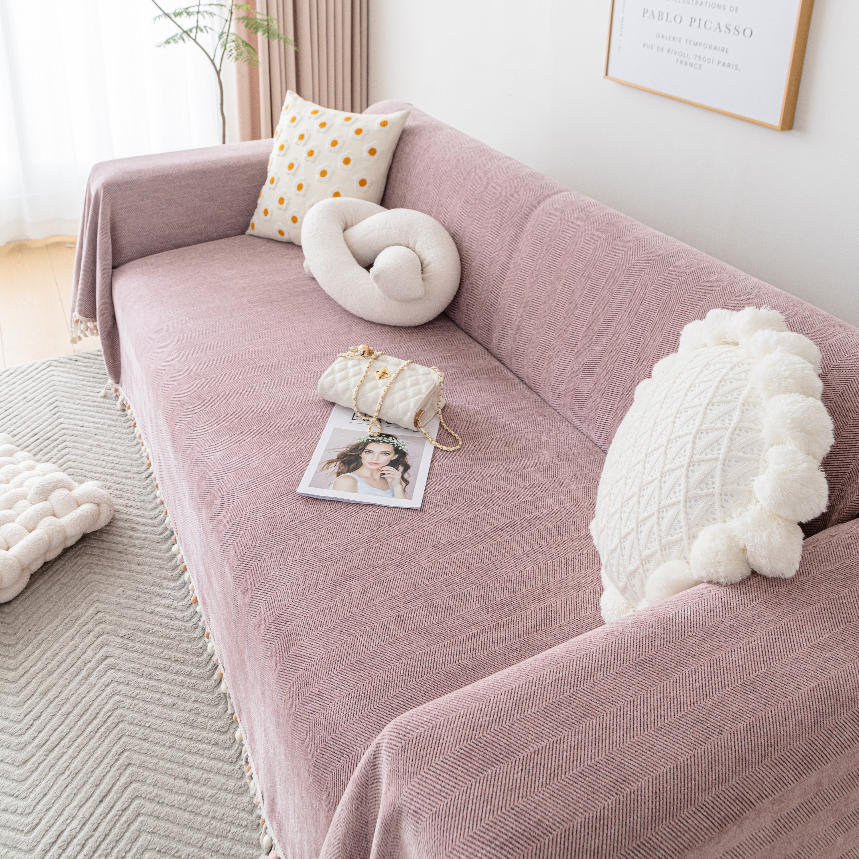 Couch Cover Sectional L Shape Chenille Herringbone Couch Throw Cover with Tassel Pom-Poms for Pets