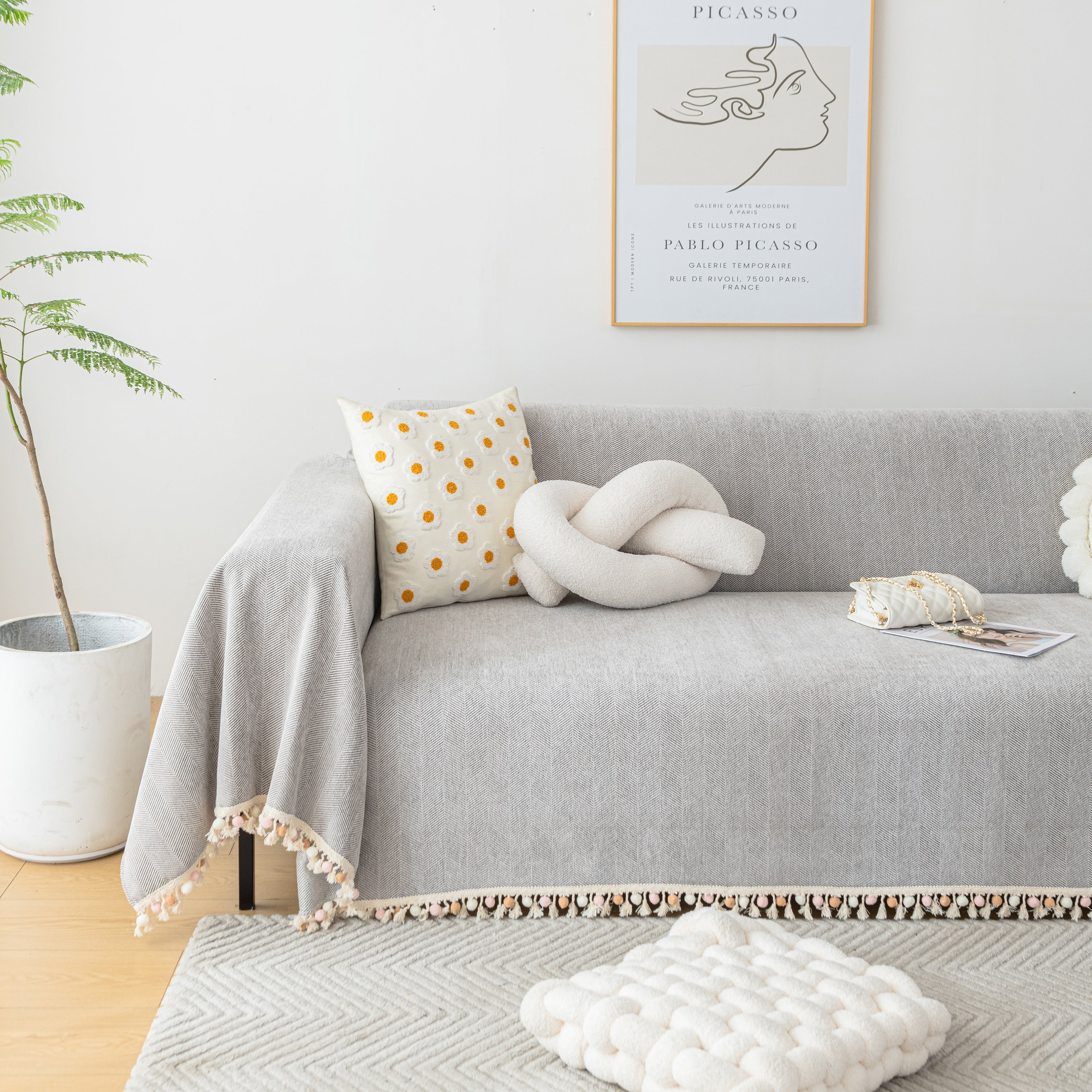 Couch Cover Sectional L Shape Chenille Herringbone Couch Throw Cover with Tassel Pom-Poms for Pets