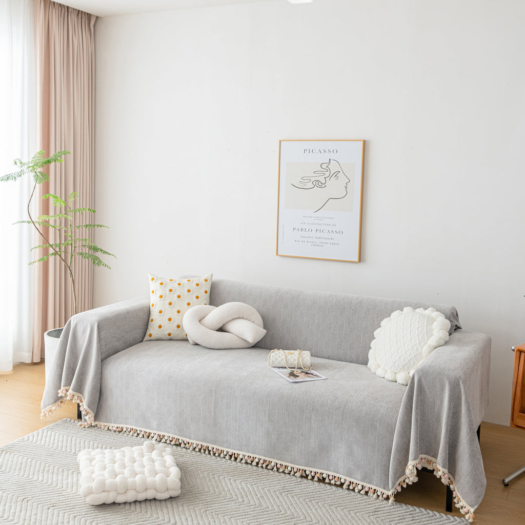 Couch Cover Sectional L Shape Chenille Herringbone Couch Throw Cover with Tassel Pom-Poms for Pets