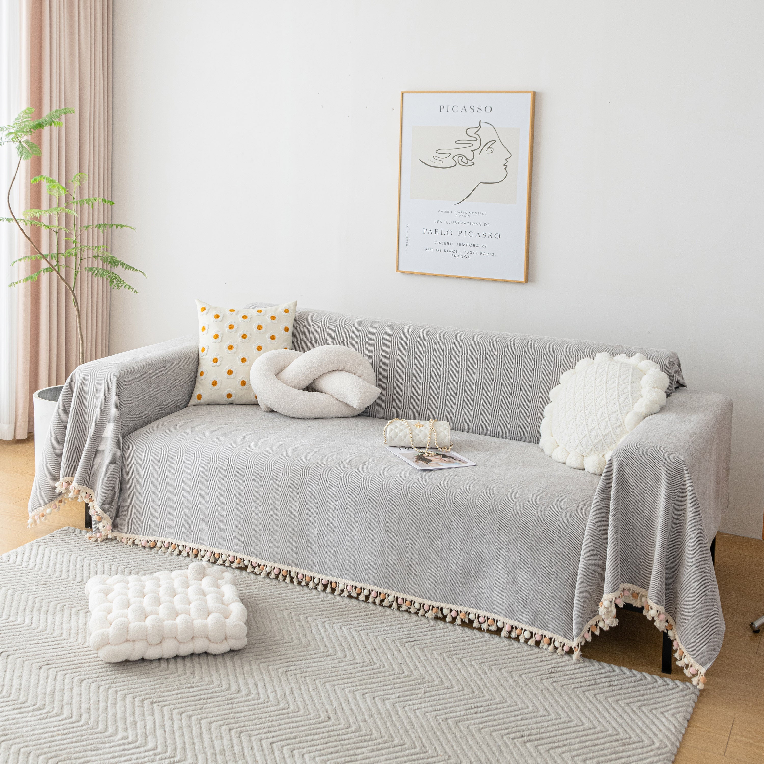Boho Herringbone Sofa Throw Blanket with Pom Pom Tassels Stylish Furniture Slipcover