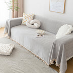 Couch Cover Sectional L Shape Chenille Herringbone Couch Throw Cover with Tassel Pom-Poms for Pets
