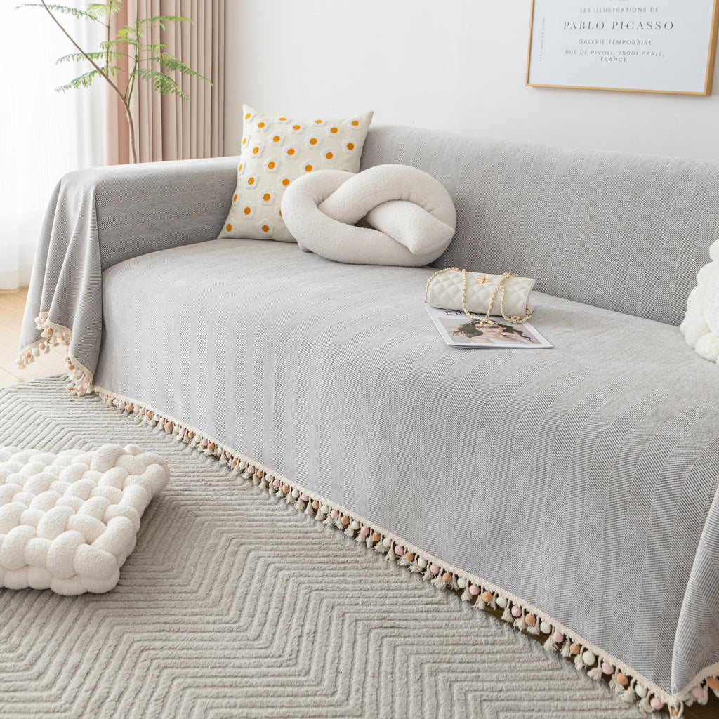 Couch Cover Sectional L Shape Chenille Herringbone Couch Throw Cover with Tassel Pom-Poms for Pets