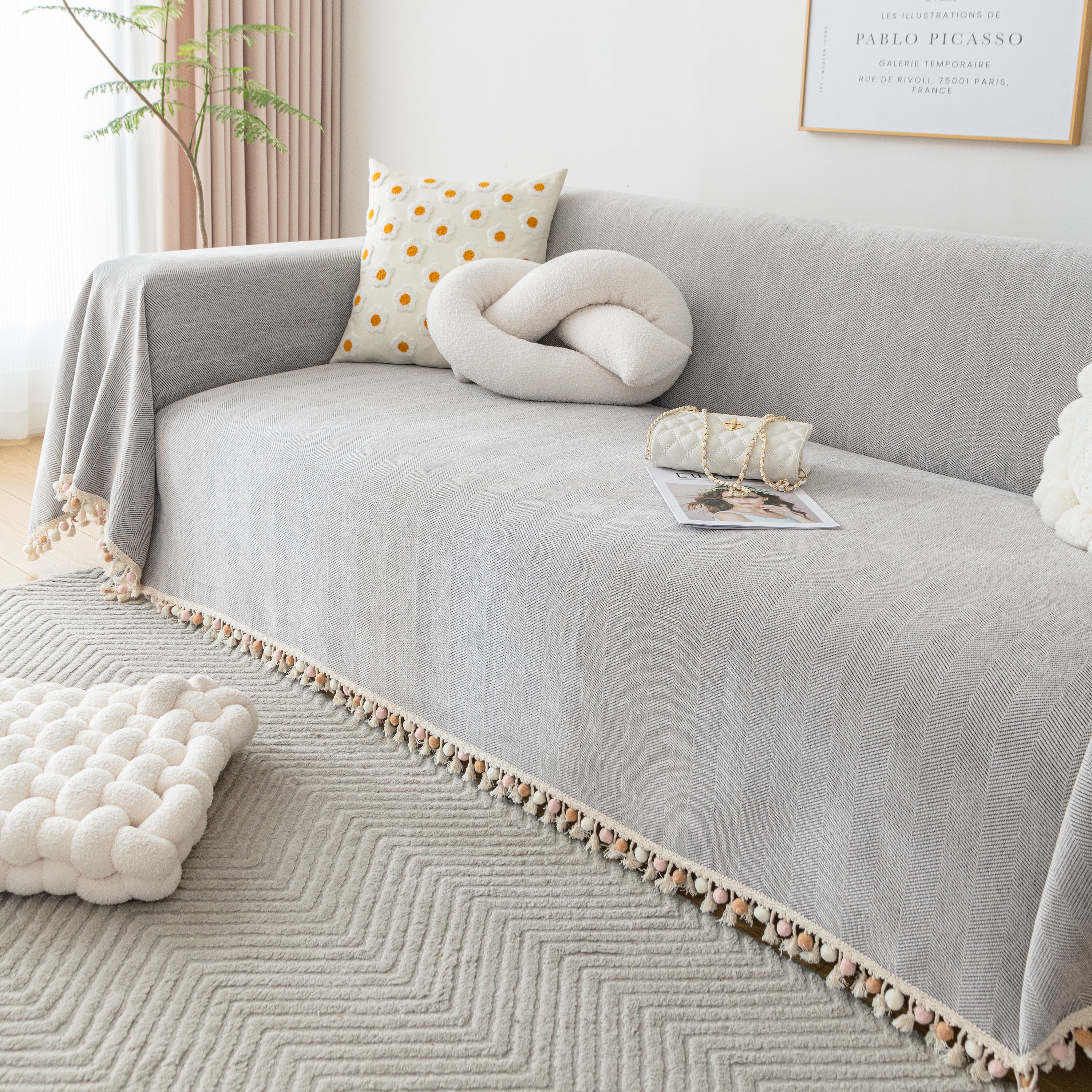 Couch Cover Sectional L Shape Chenille Herringbone Couch Throw Cover with Tassel Pom-Poms for Pets