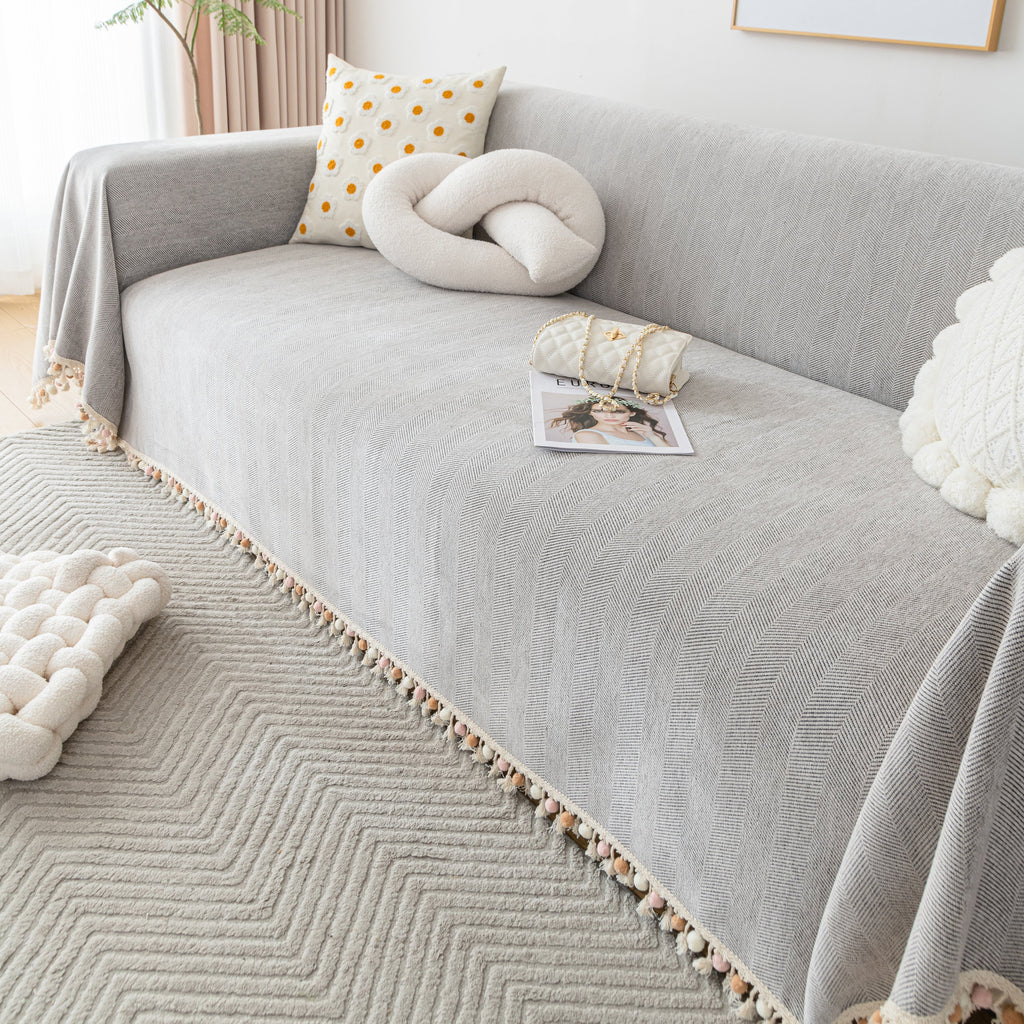 Couch Cover Sectional L Shape Chenille Herringbone Couch Throw Cover with Tassel Pom-Poms for Pets