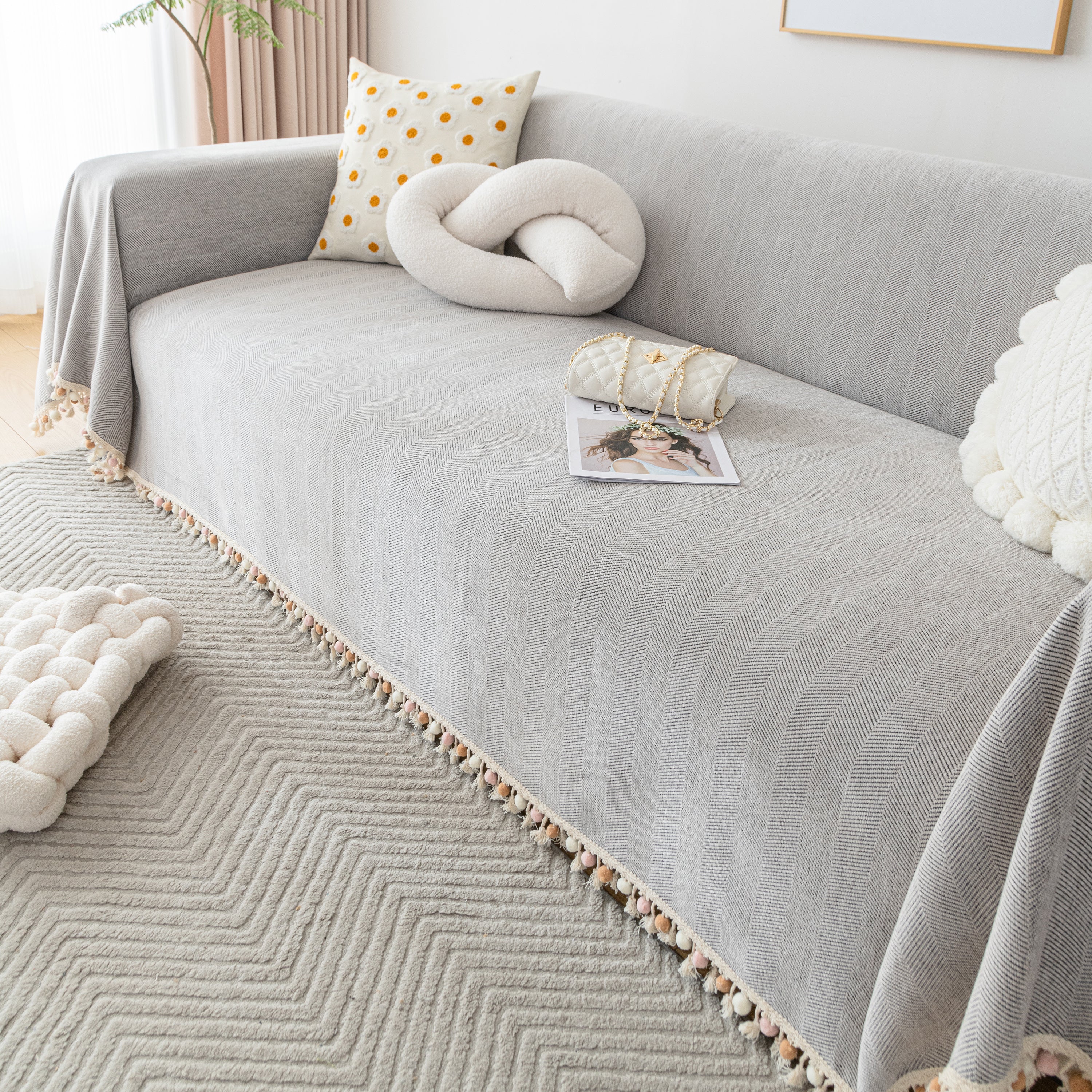 Couch Cover Sectional L Shape Chenille Herringbone Couch Throw Cover with Tassel Pom-Poms for Pets