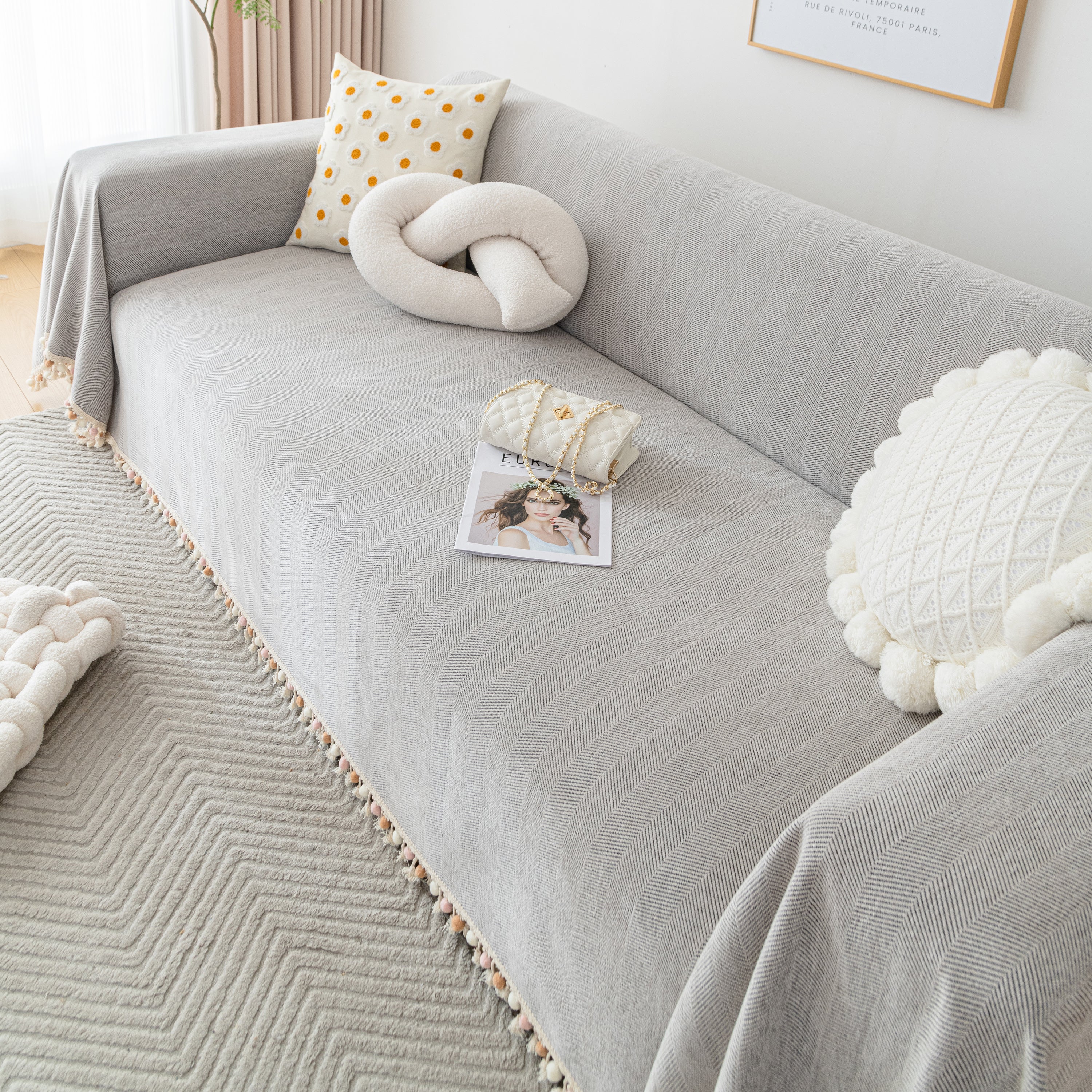 Couch Cover Sectional L Shape Chenille Herringbone Couch Throw Cover with Tassel Pom-Poms for Pets