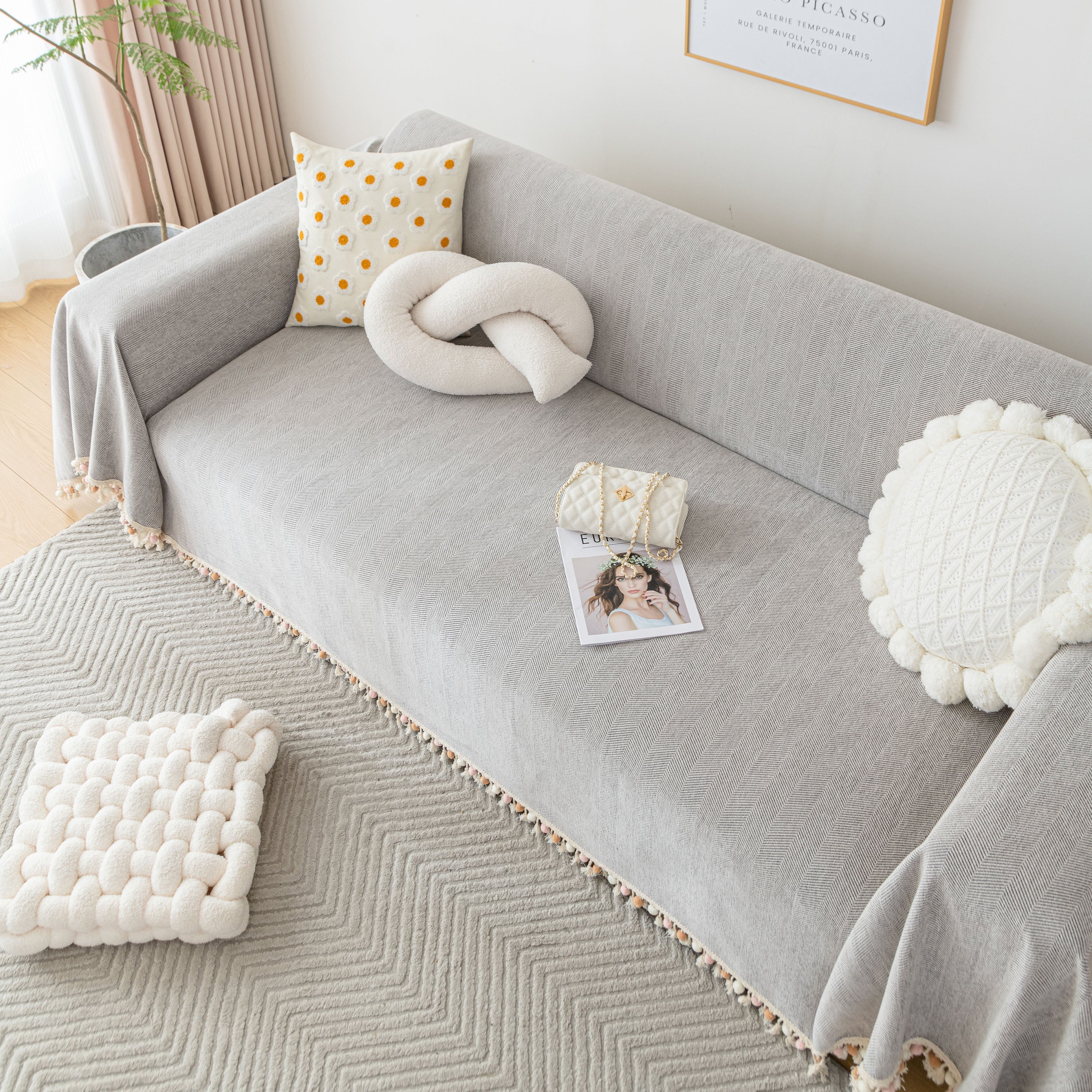 Boho Herringbone Sofa Throw Blanket with Pom Pom Tassels Stylish Furniture Slipcover