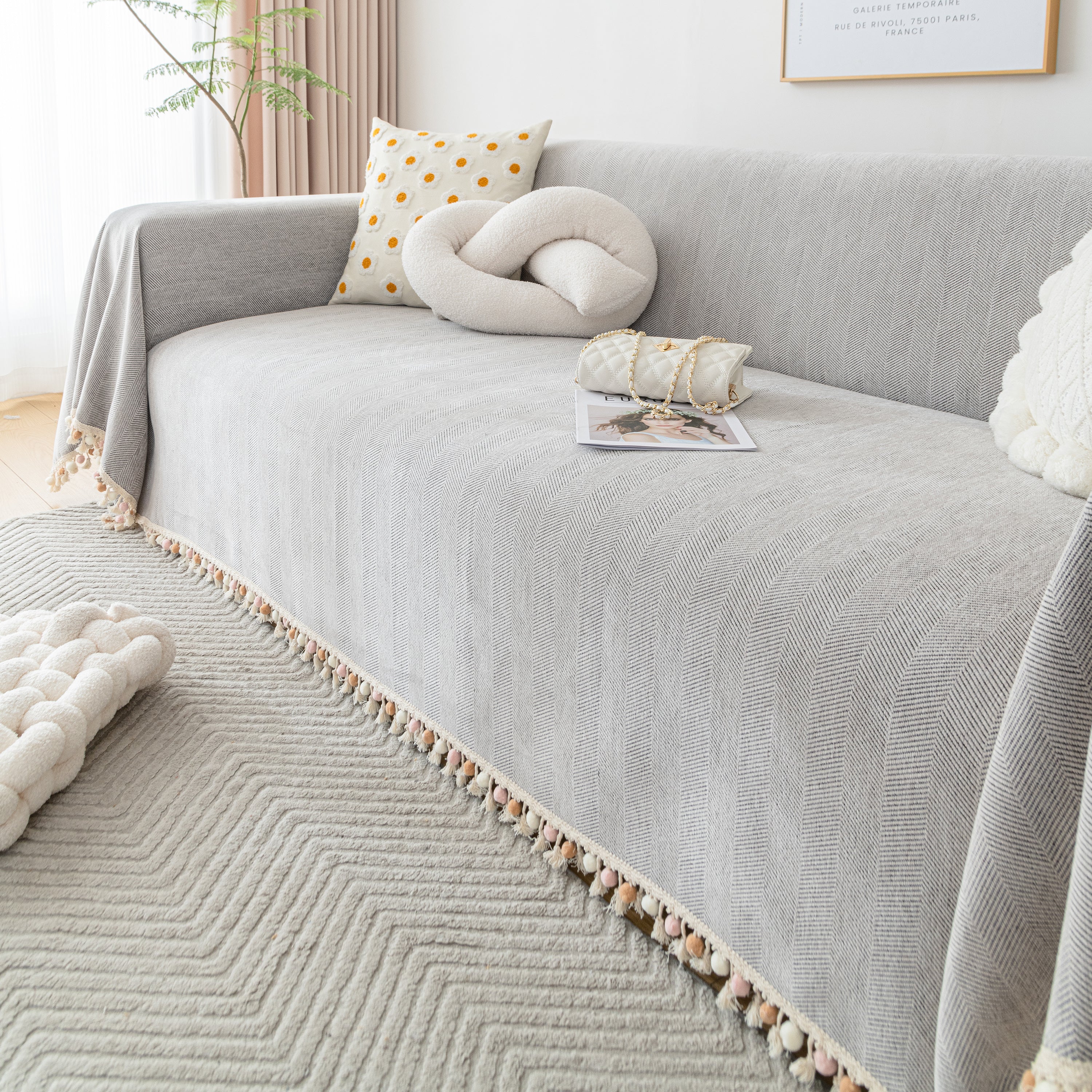 Couch Cover Sectional L Shape Chenille Herringbone Couch Throw Cover with Tassel Pom-Poms for Pets