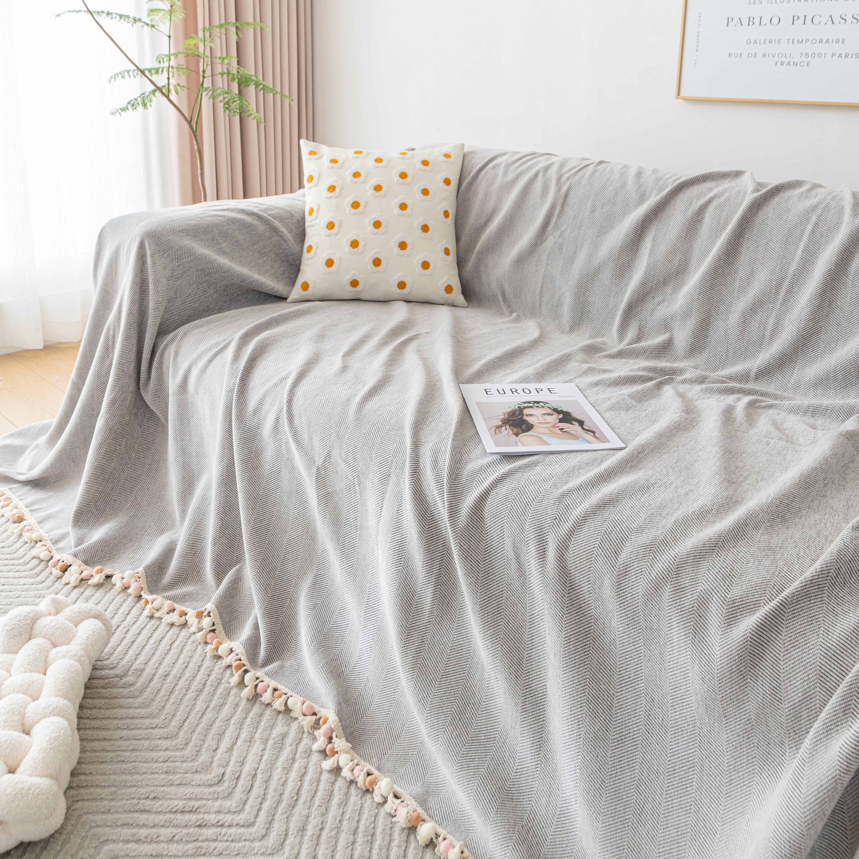 Couch Cover Sectional L Shape Chenille Herringbone Couch Throw Cover with Tassel Pom-Poms for Pets