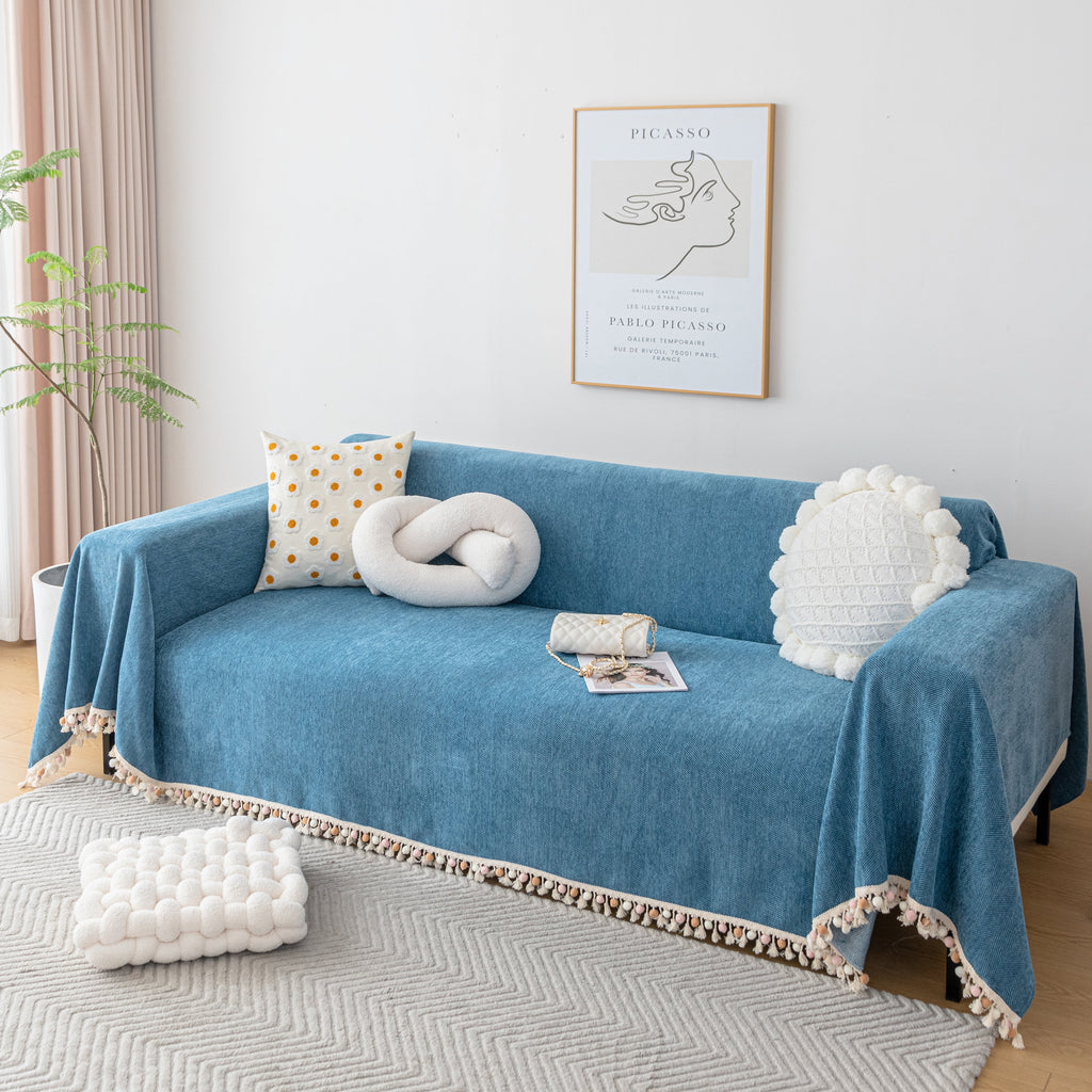 Couch Cover Sectional L Shape Chenille Herringbone Couch Throw Cover with Tassel Pom-Poms for Pets