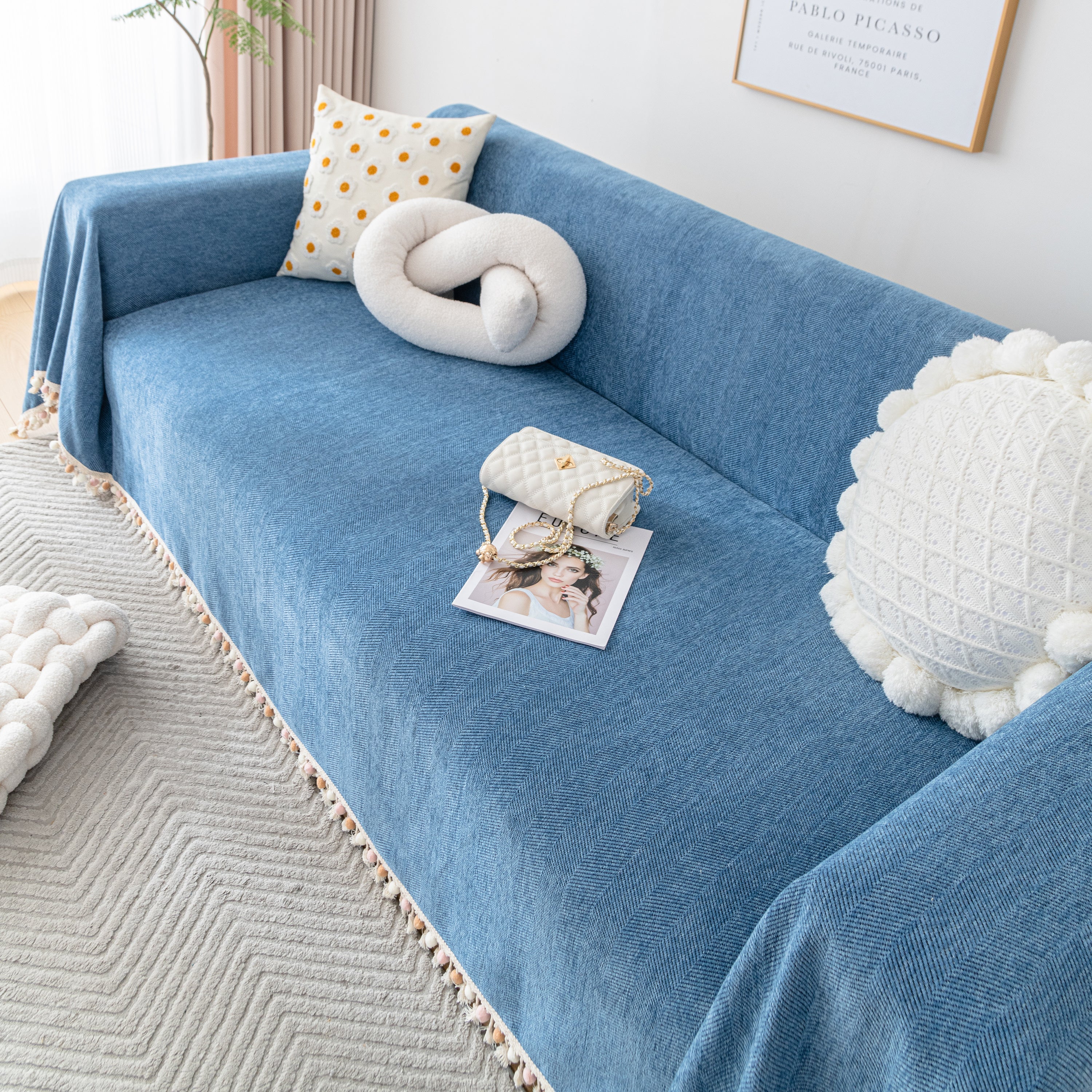 Couch Cover Sectional L Shape Chenille Herringbone Couch Throw Cover with Tassel Pom-Poms for Pets