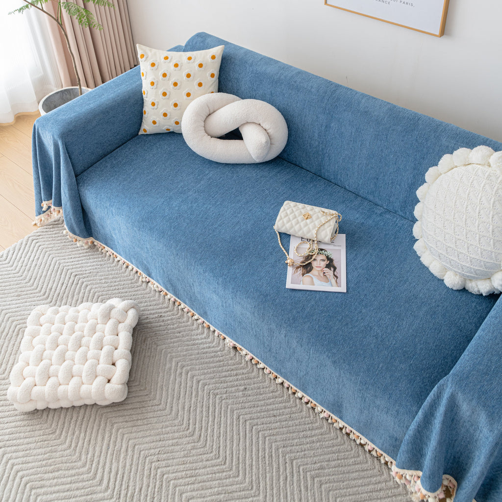 Couch Cover Sectional L Shape Chenille Herringbone Couch Throw Cover with Tassel Pom-Poms for Pets